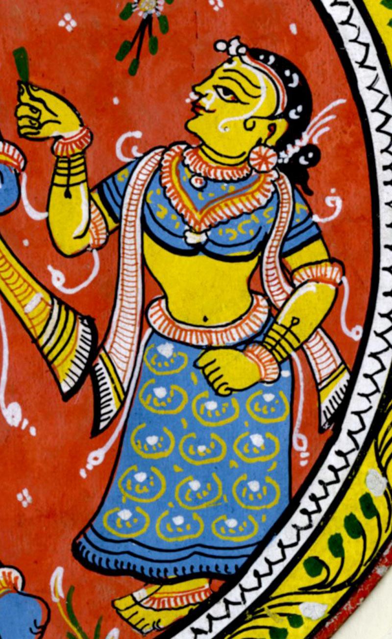 Unbekannter Künstler, Mitte 20. Jahrhundert
Krishna und das Gopis
Aus Indien, Orissa, Puri
Pattachitra ist ein traditionelles Gemälde aus Odisha, Indien. Diese Gemälde basieren auf der hinduistischen Mythologie und sind besonders von Jagannath und