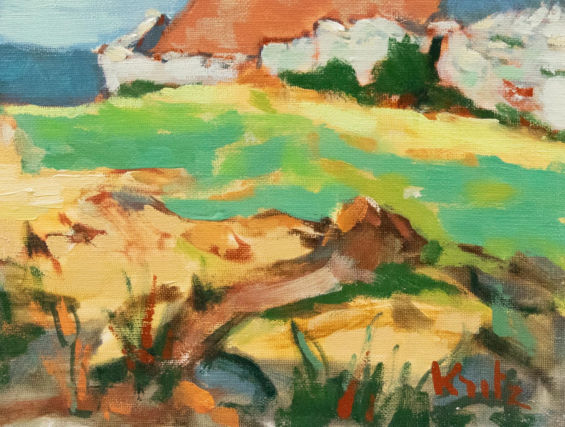 Una vista impressionista di abitazioni di montagna sotto nuvole sparse. Firmato dall'artista in basso a destra. Su tela su barelle.