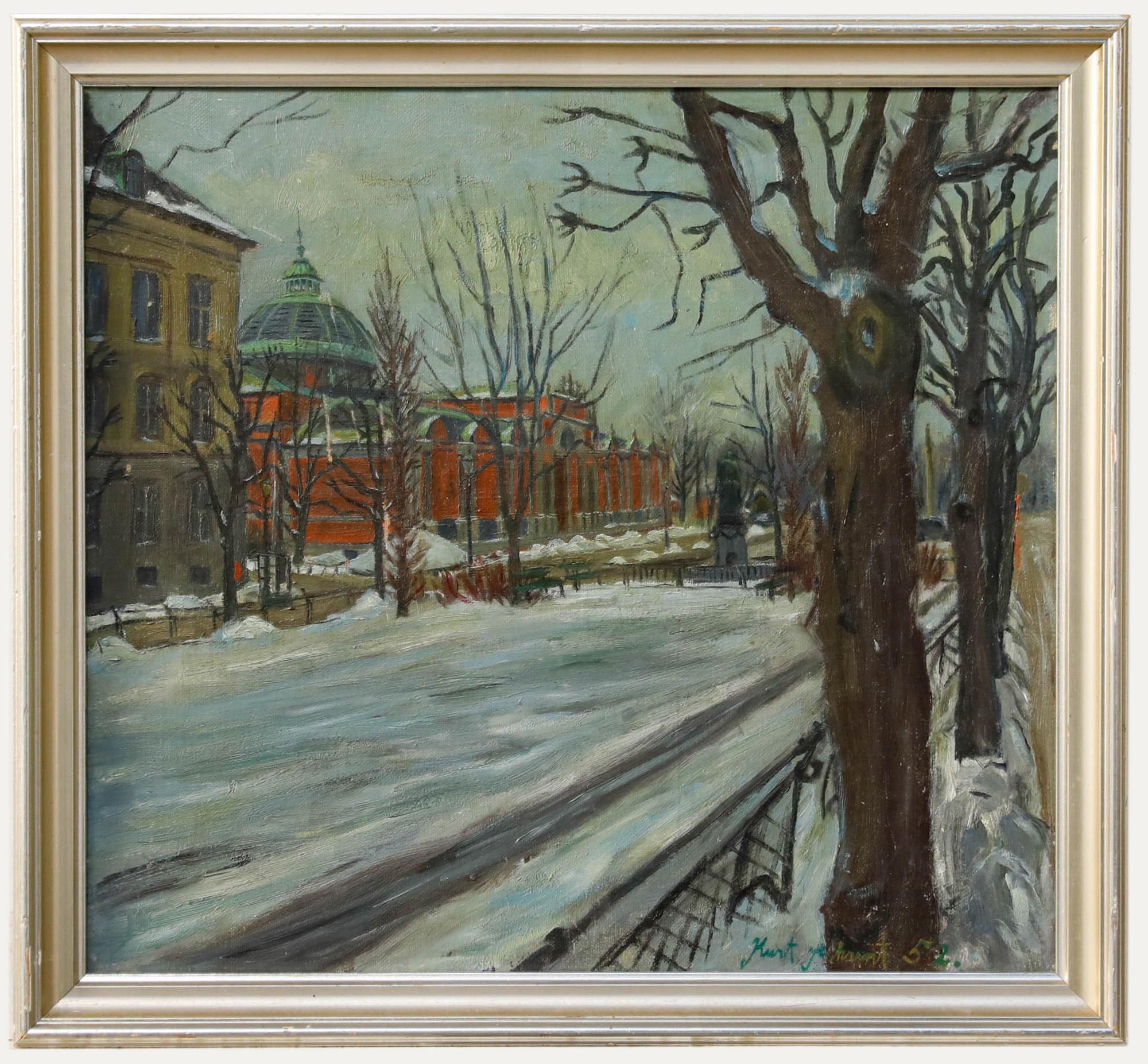 Unknown Landscape Painting - Kurt Ahrent - Framed Mid 20th Century Oil, View of the Glyptotek, Copenhagen