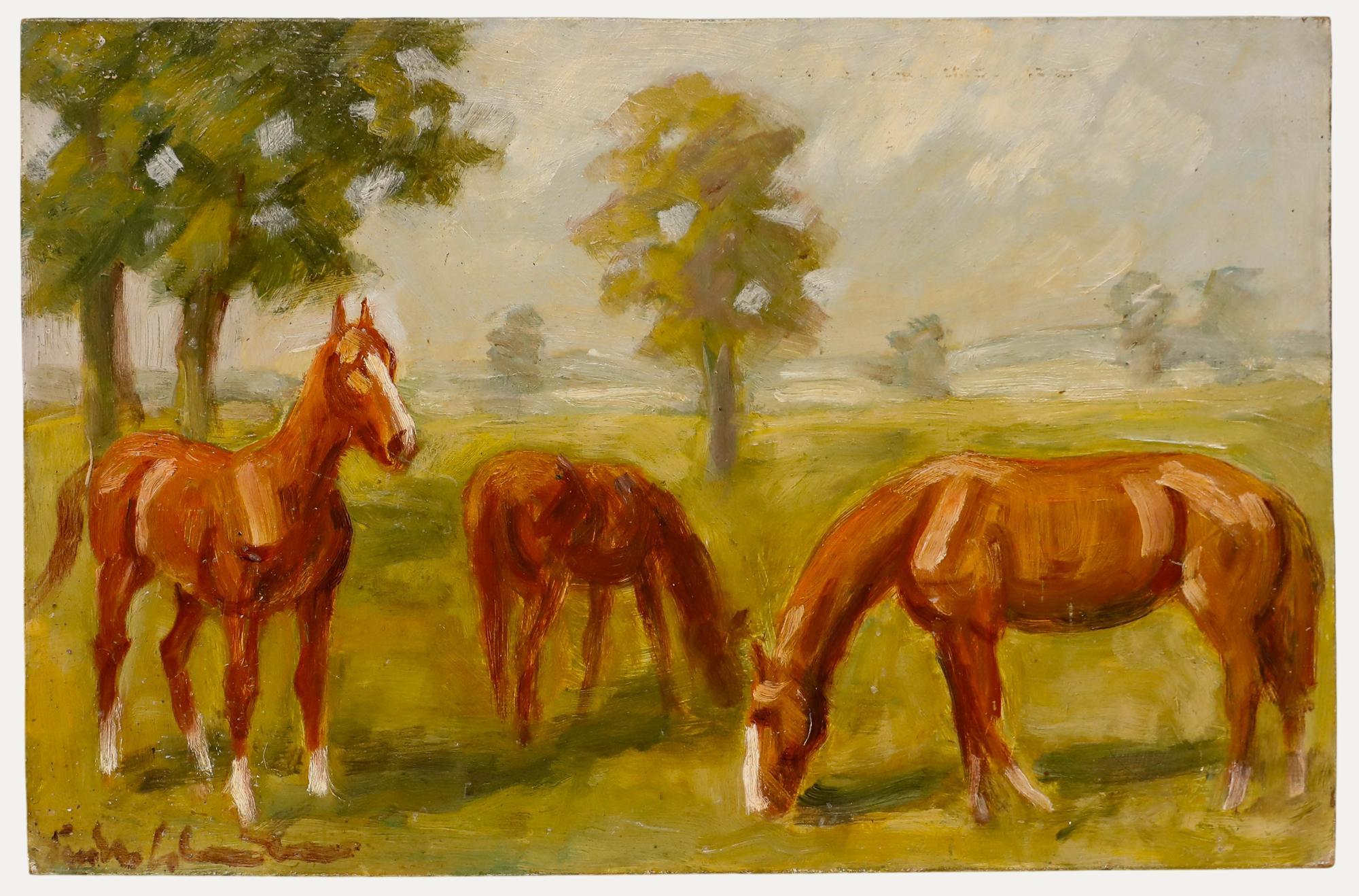 Unknown Animal Painting – Kurt Glauber (1886-1963) - Mitte 20. Jahrhundert Öl, Weidende Kastanienpferde