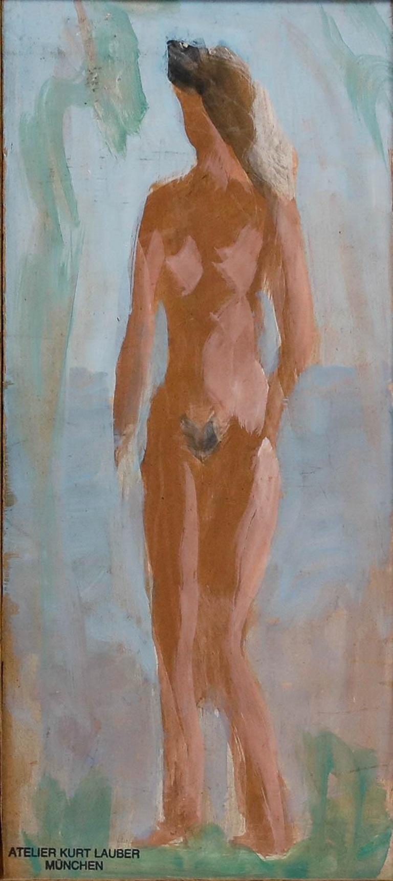 Kurt Lauber (1893-1971) - Gerahmtes Öl aus der Mitte des 20. Jahrhunderts, Stehender weiblicher Akt – Painting von Unknown