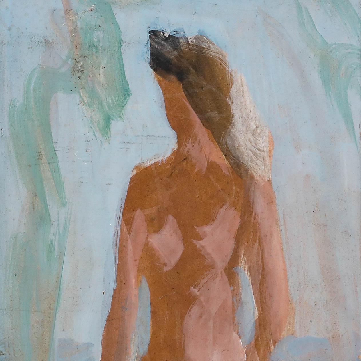 Kurt Lauber (1893-1971), Stehender weiblicher Akt, Öl auf Karton. Präsentiert in einem individuellen Holzrahmen. Links unten und auf der Rückseite mit dem Atelier des Künstlers gestempelt. Bildgröße: 35 x 15,5 cm.