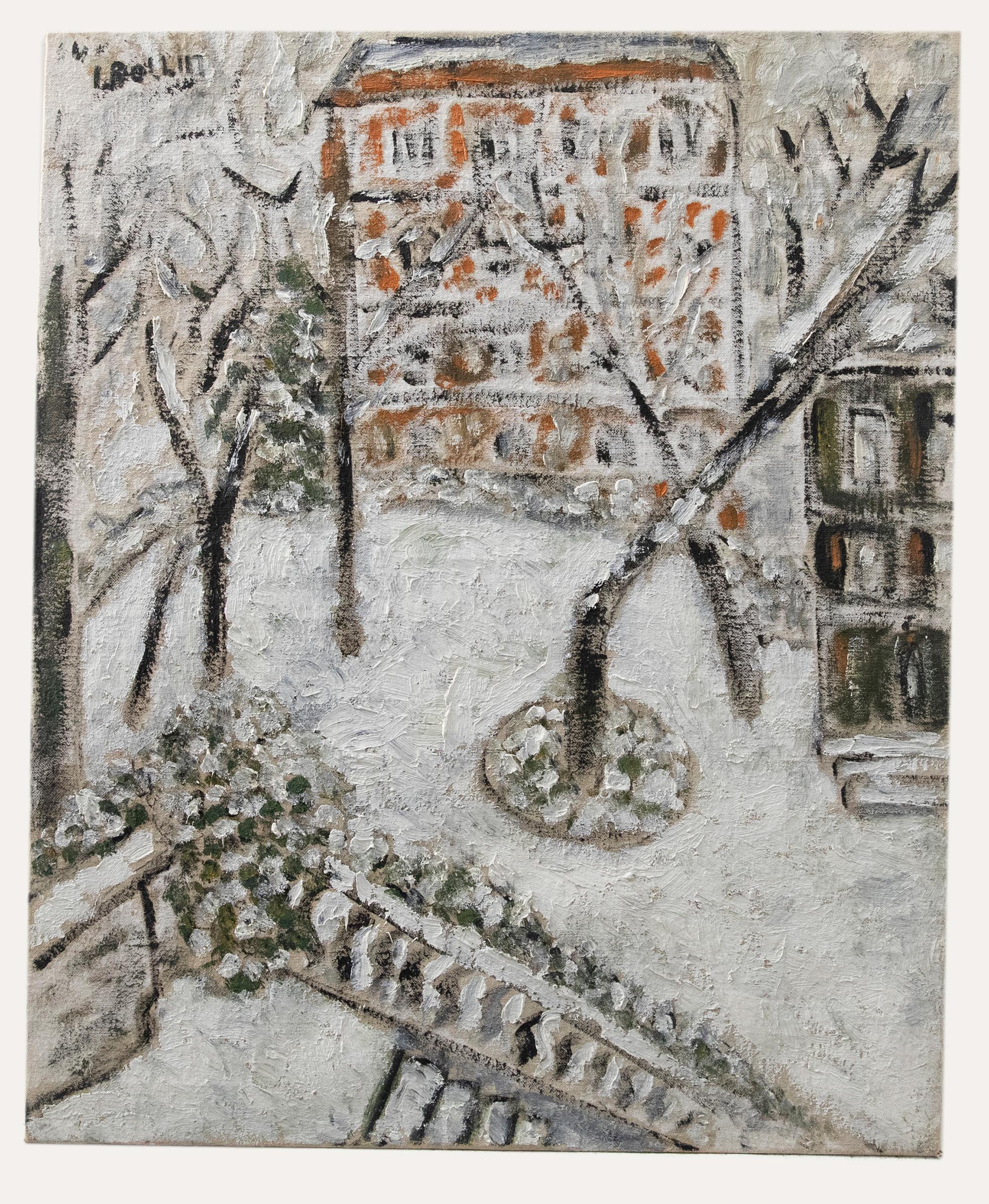 L. Bollin – Ölgemälde, „Der Quadrat unter Schnee“, Mitte des 20. Jahrhunderts – Painting von Unknown