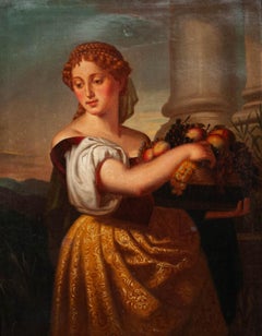 L. Cajetan - 1890 Oil, Girl with Basket of Fruit