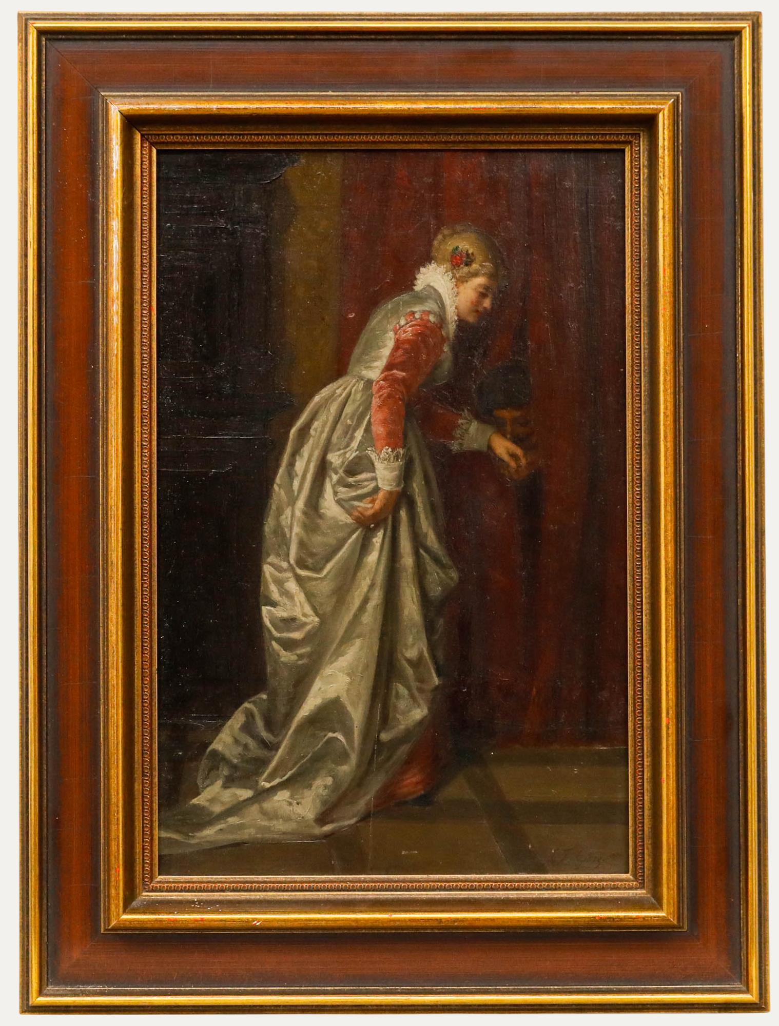 Unknown Figurative Painting – L. F. Gose - Gerahmtes Öl aus dem 19. Jahrhundert, Der Kuss eines Gentleman