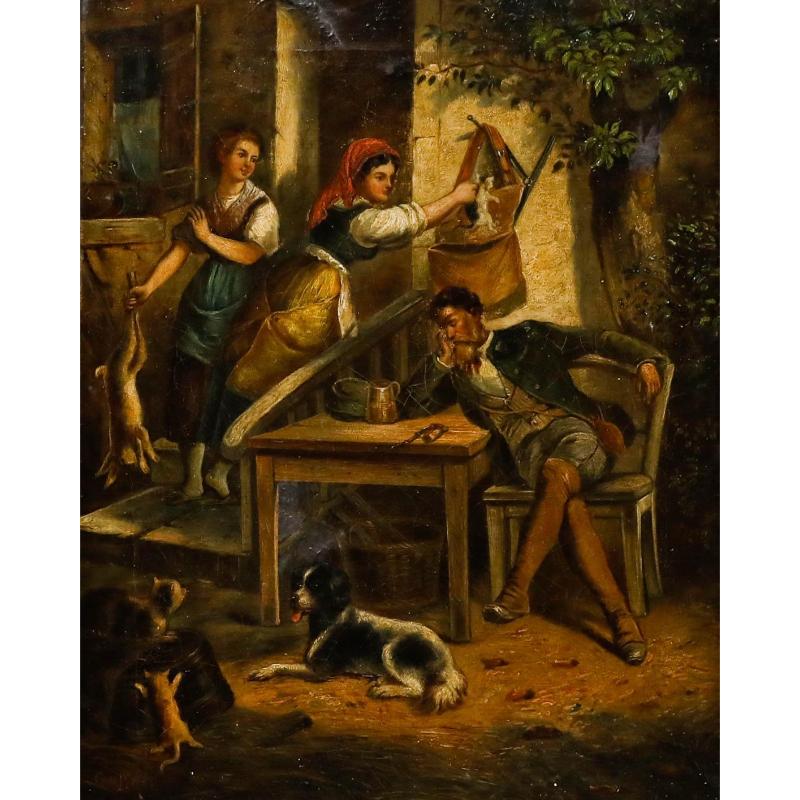 L. Gaffer - Late 19th Century Oil, Playing a Trick on the Sleeping Hunter - Painting by Unknown