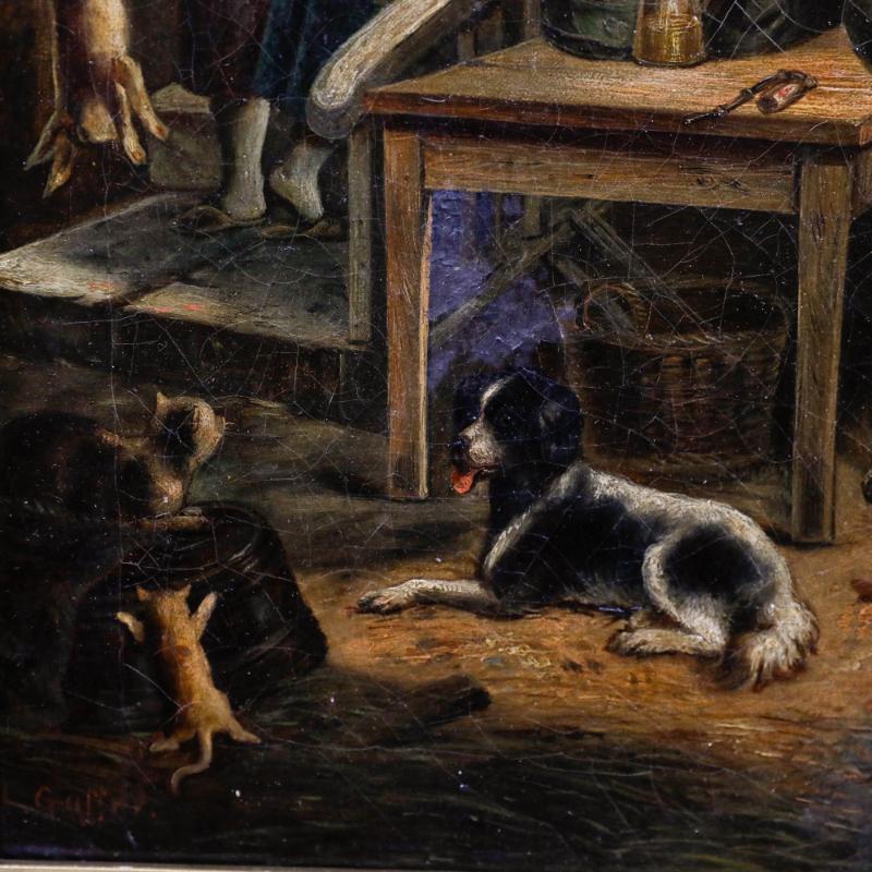 Two women mischievously remove a hunter's catch from his bag and swap it with a kitten as he sleeps in this playful genre scene. Signed to the lower left. Well presented in an ornate gilt-effect frame with foliate ornamentation. On canvas on