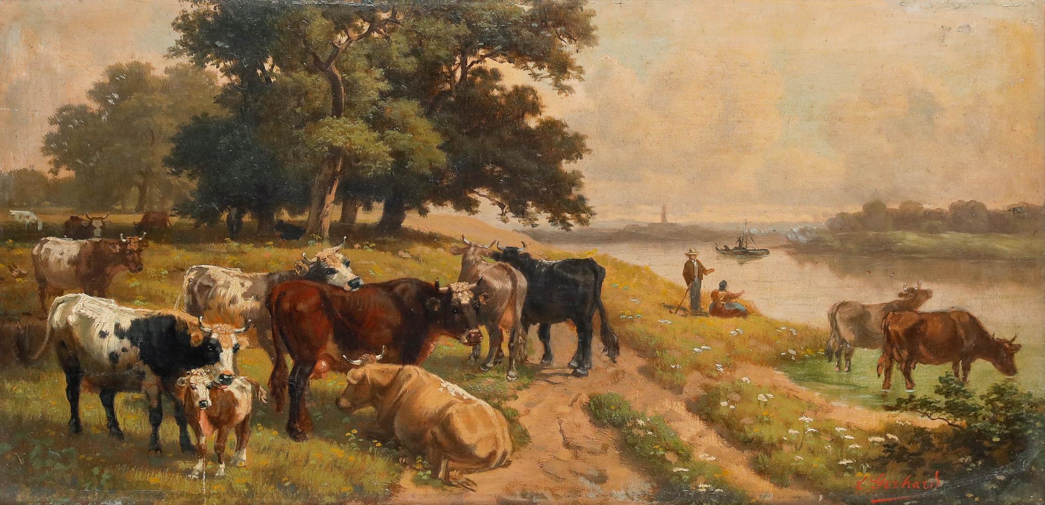 L. Gerhard - Olio del primo Novecento, Mucche accanto a un fiume - Painting di Unknown