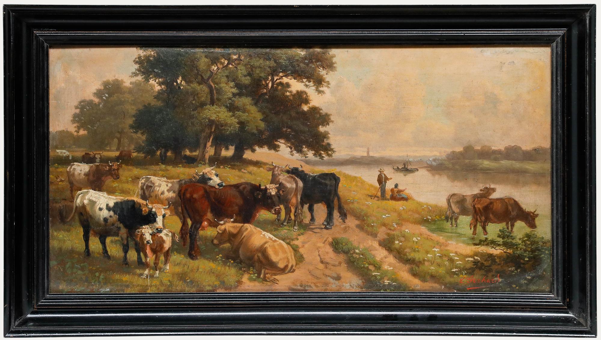 Landscape Painting di Unknown - L. Gerhard - Olio del primo Novecento, Mucche accanto a un fiume