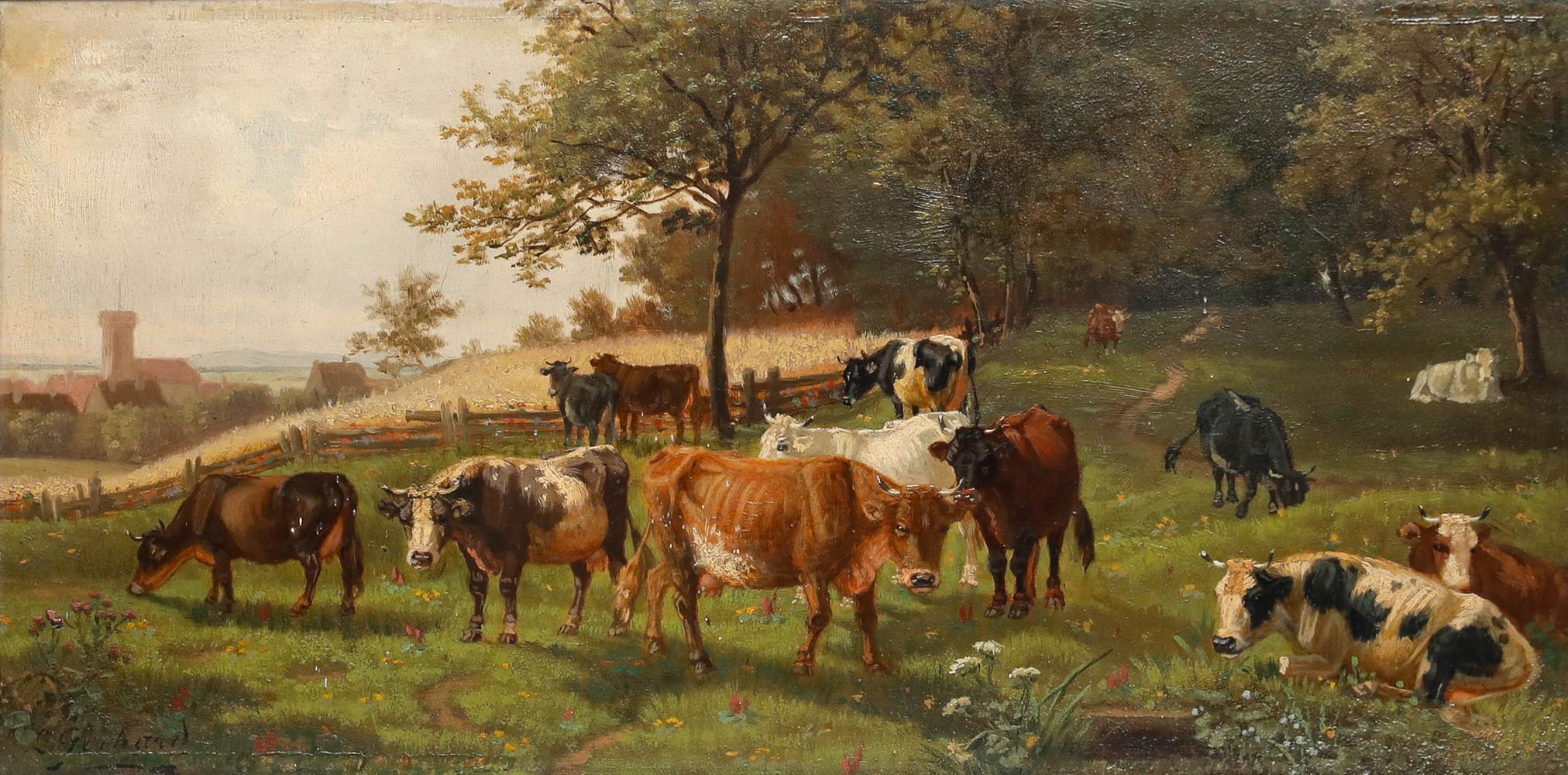 L. Gerhard - Olio dell'inizio del XX secolo, Mucche nel recinto - Painting di Unknown