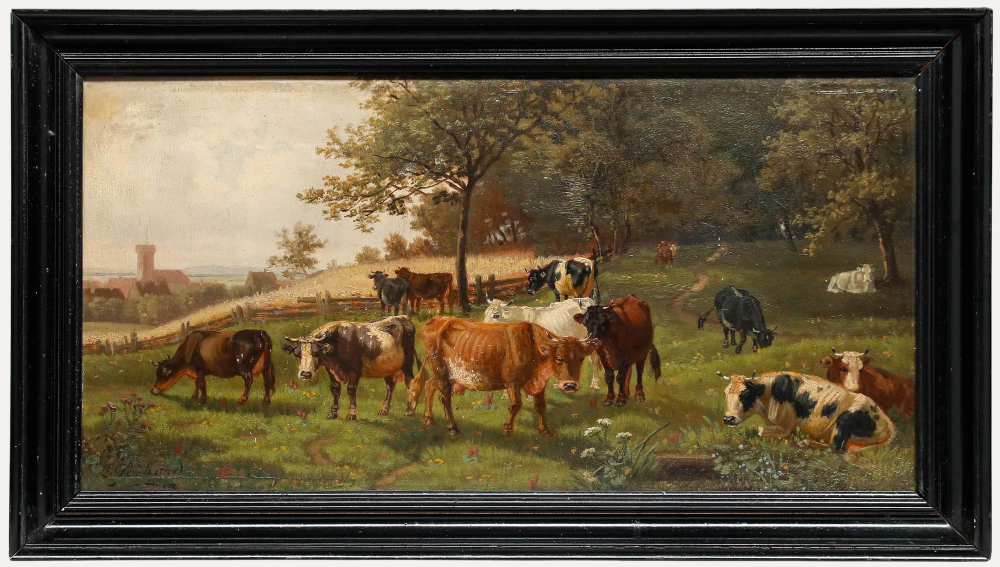 Landscape Painting di Unknown - L. Gerhard - Olio dell'inizio del XX secolo, Mucche nel recinto