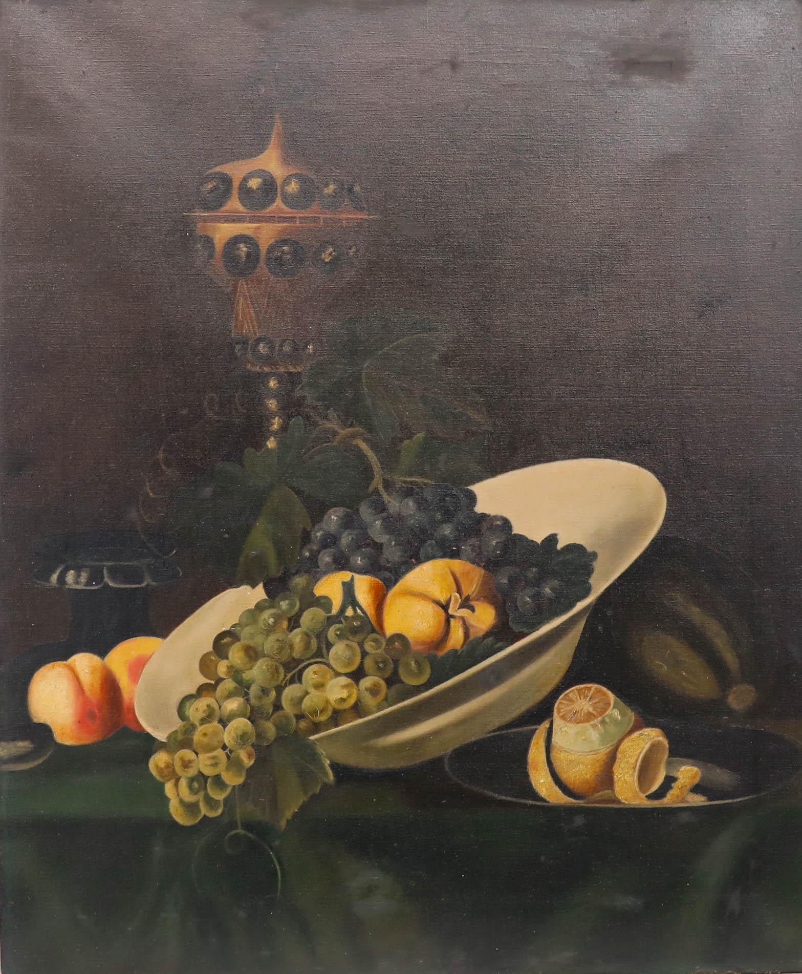 L. Jones - Mitte 20. Jahrhundert Öl, Stilleben mit einer Schale Obst und einer geschälten Zitrone – Painting von Unknown