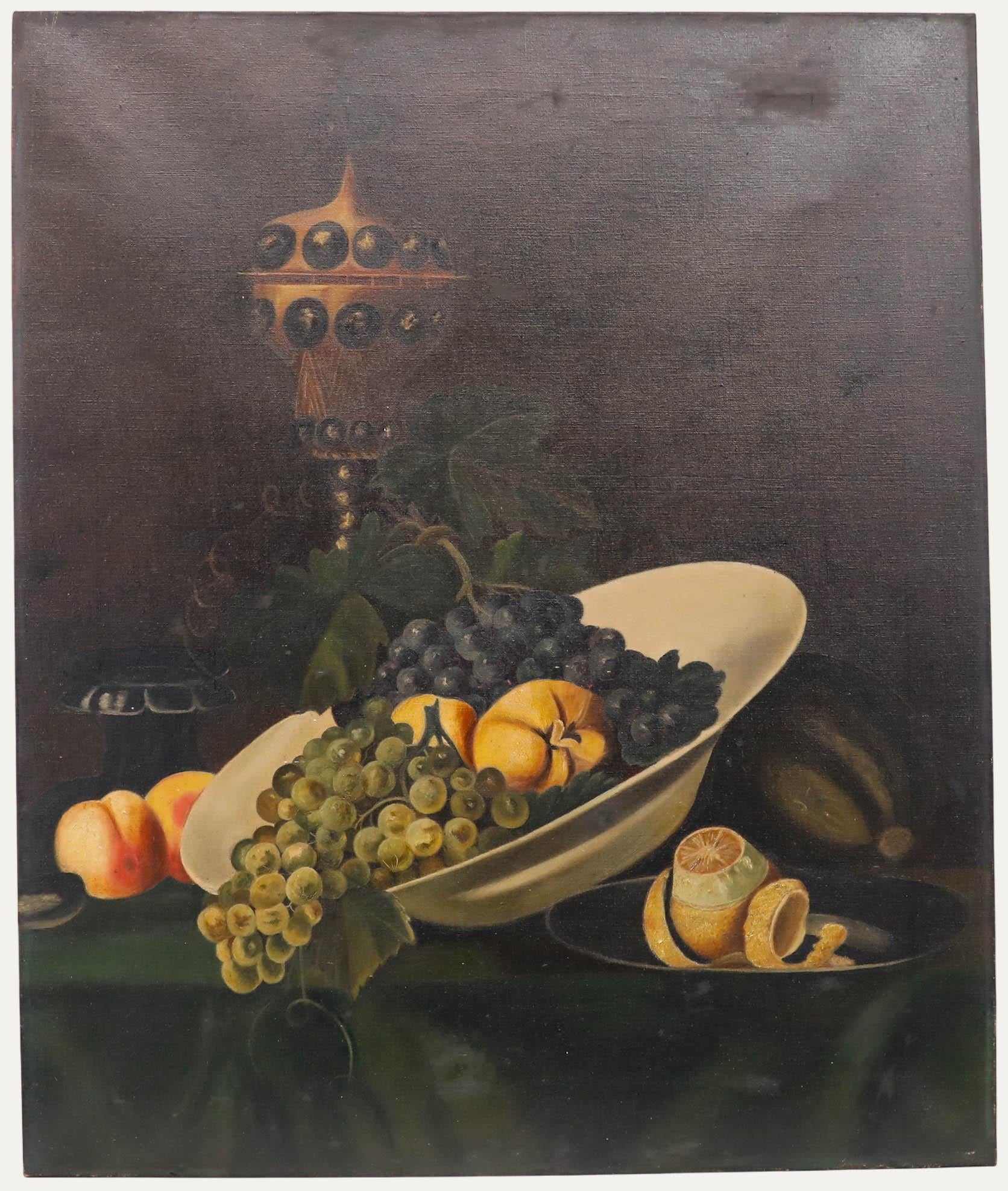 Unknown Still-Life Painting – L. Jones - Mitte 20. Jahrhundert Öl, Stilleben mit einer Schale Obst und einer geschälten Zitrone