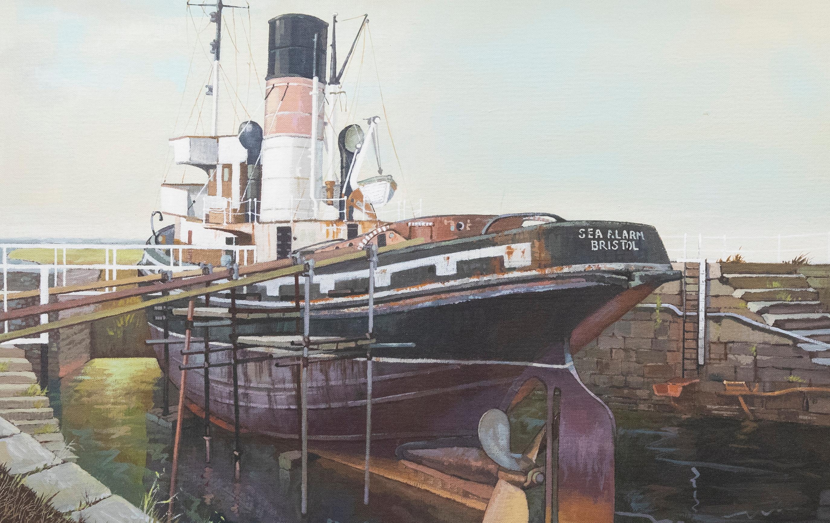 L. K. James - Framed 20th Century Oil, Steam Tug Under Repair - Painting by Unknown