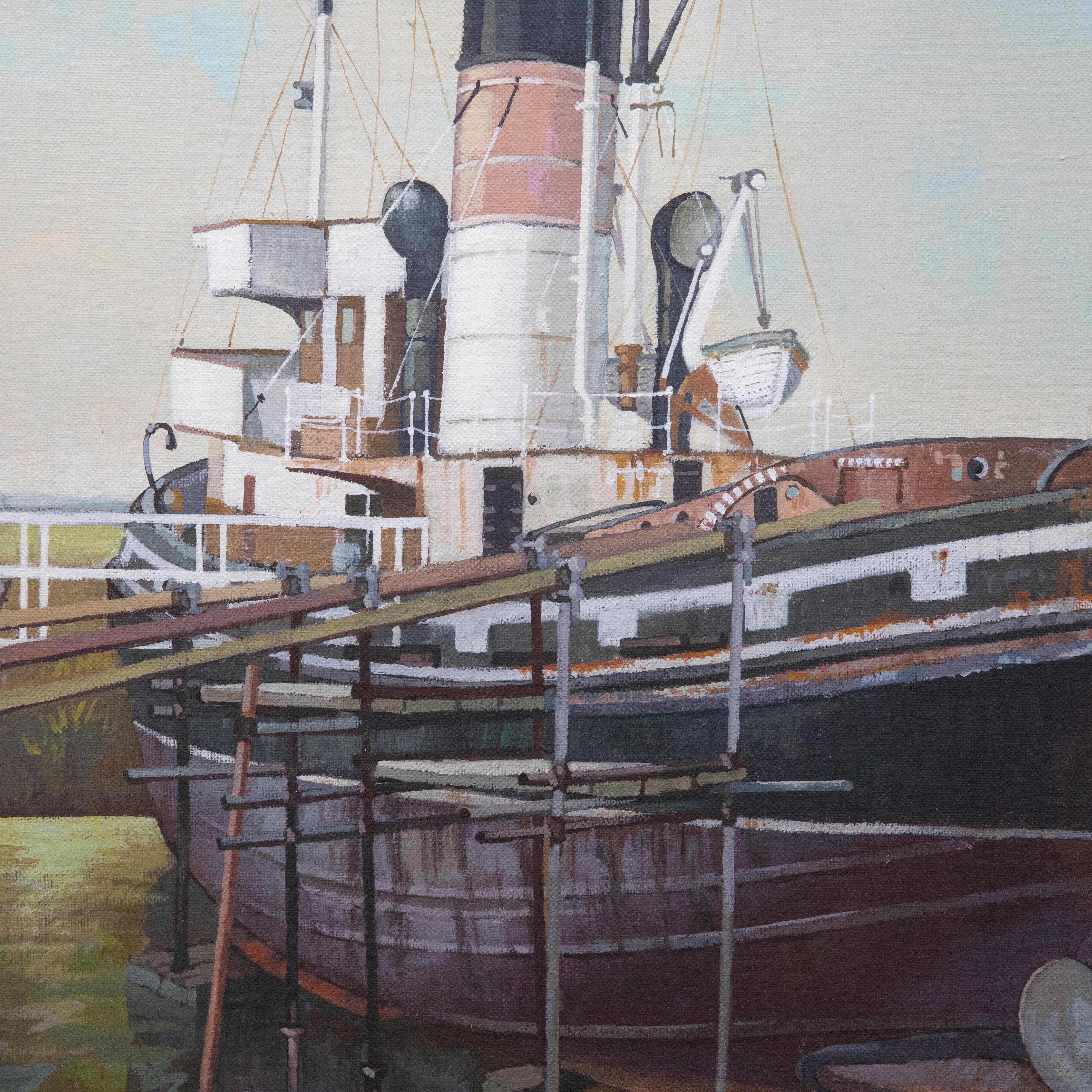 A striking maritime study of a steam tug under refurbishment. Well-presented in a complimenting contemporary frame. Signed to the lower right. Inscribed to the reverse with the title, artist's name and address. On canvas laid to board. 
