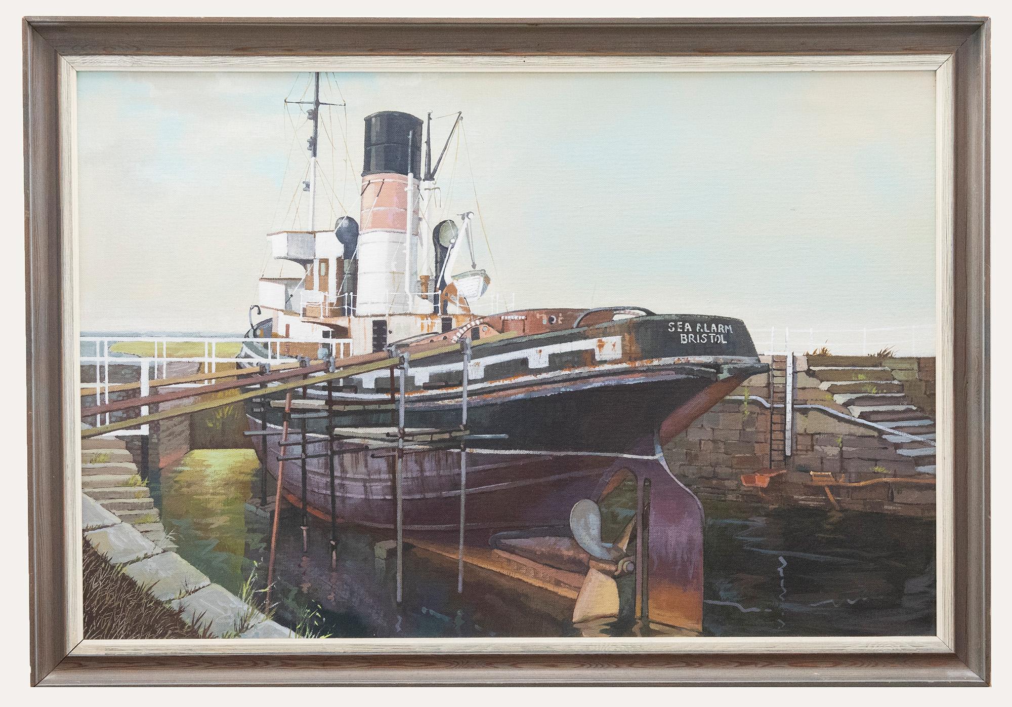 Unknown Figurative Painting - L. K. James - Framed 20th Century Oil, Steam Tug Under Repair