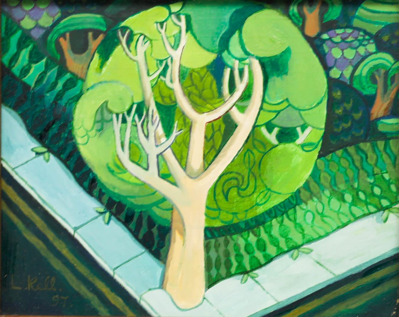 L. Kell - Gerahmtes Contemporary Acrylic, Baum an der Ecke – Painting von Unknown
