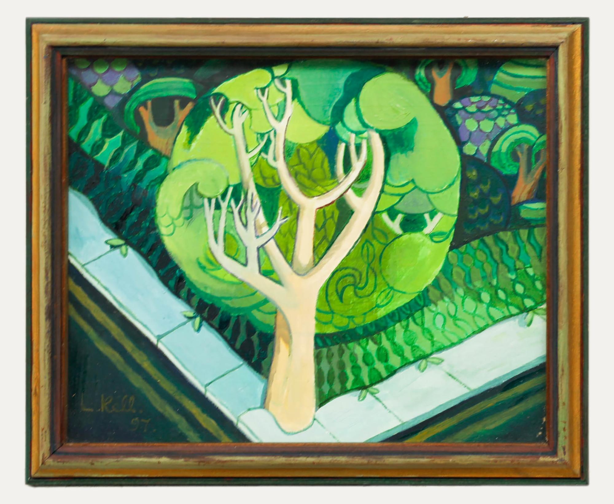 Unknown Landscape Painting – L. Kell - Gerahmtes Contemporary Acrylic, Baum an der Ecke