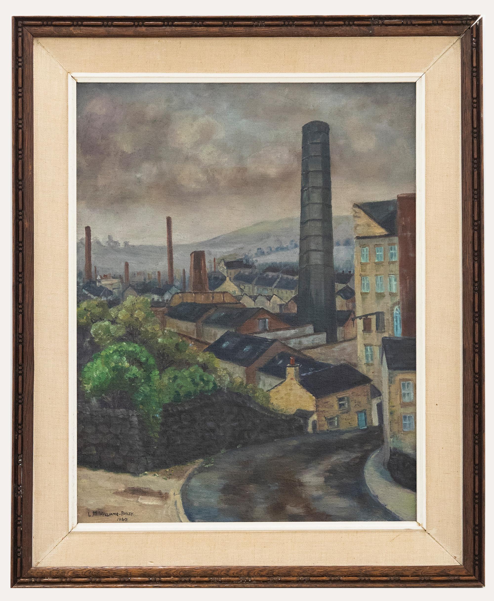 Unknown Landscape Painting - L M Williams Bailey - Framed 1969 Oil, Lancashire Mill Town