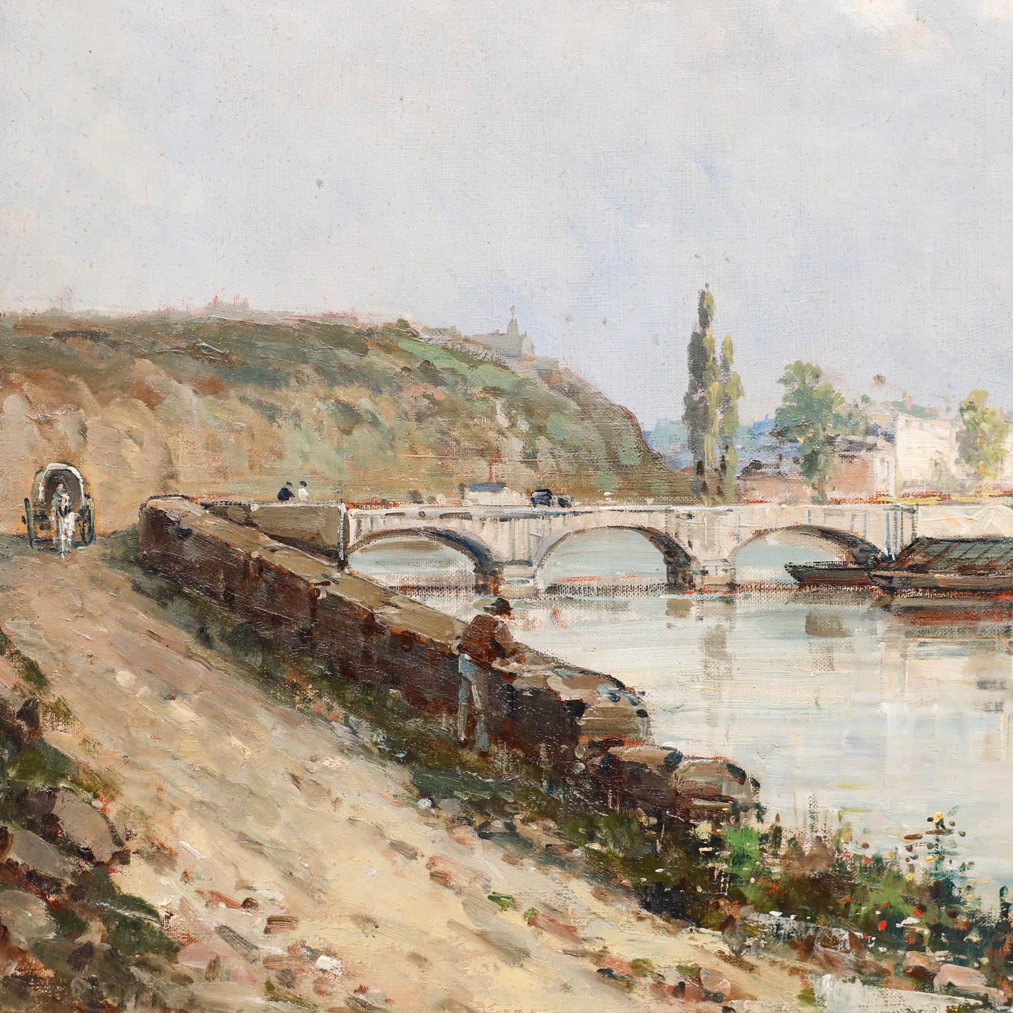 Eine charmante Ölstudie, die eine italienische Flussstadt mit Figuren und Karrenpferden darstellt, die über die Hauptbrücke fahren. Rechts unten signiert 