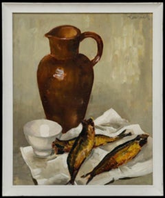 L. Roussiel (1913-1963) - Olio della metà del XX secolo, Natura morta con brocca e pesce