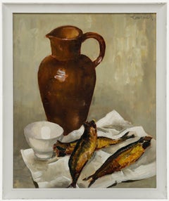 L. Roussiel (1913-1963) - Olio della metà del XX secolo, Natura morta con brocca e pesce