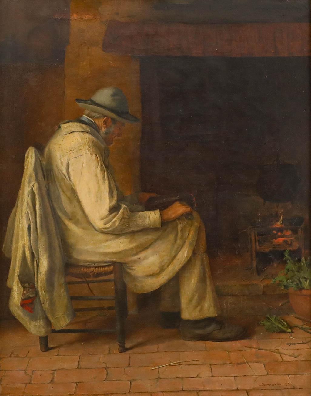 L. Sampson - Gerahmtes Öl von 1893, Älterer Mann am Feuer – Painting von Unknown