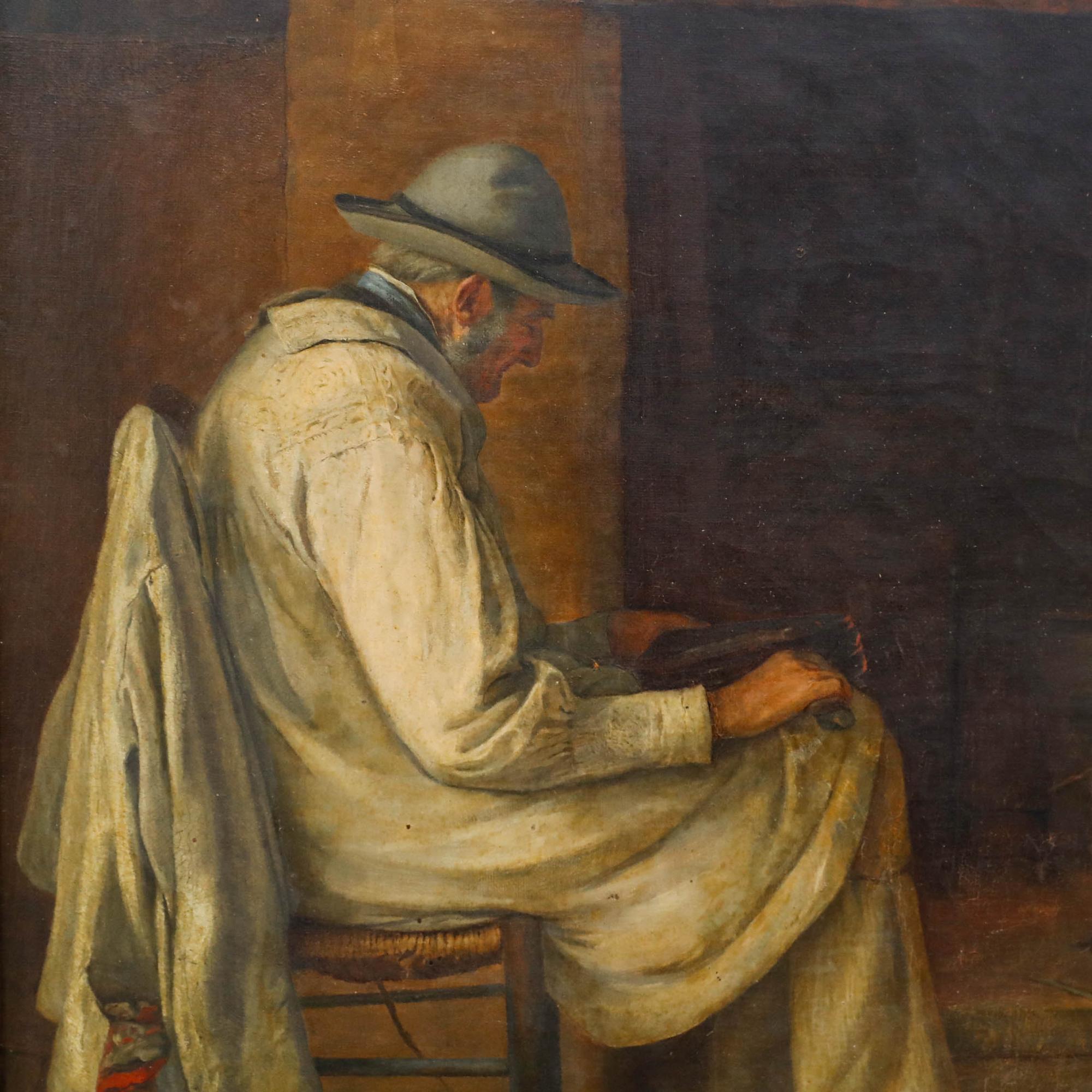 Ein älterer Mann sitzt neben einem Kamin, in dem ein Topf über den glühenden Holzscheiten kocht. Er schließt die Augen, und in seinem Schoß ruht ein Blasebalg. Signiert und datiert unten rechts. Gut präsentiert in einem vergoldeten Rahmen mit