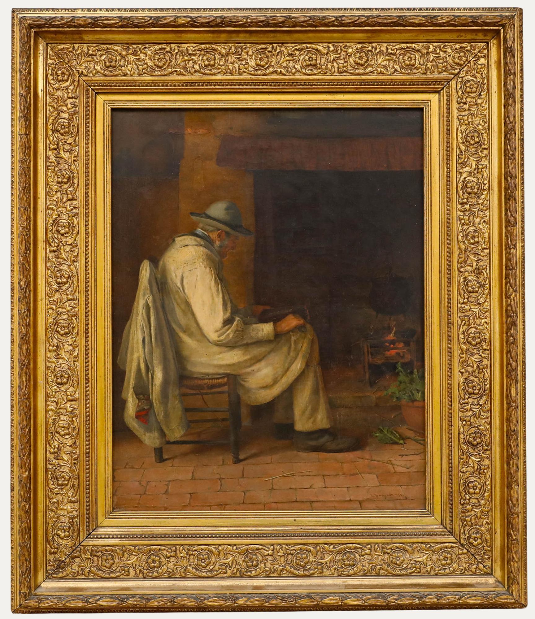 Unknown Figurative Painting – L. Sampson - Gerahmtes Öl von 1893, Älterer Mann am Feuer