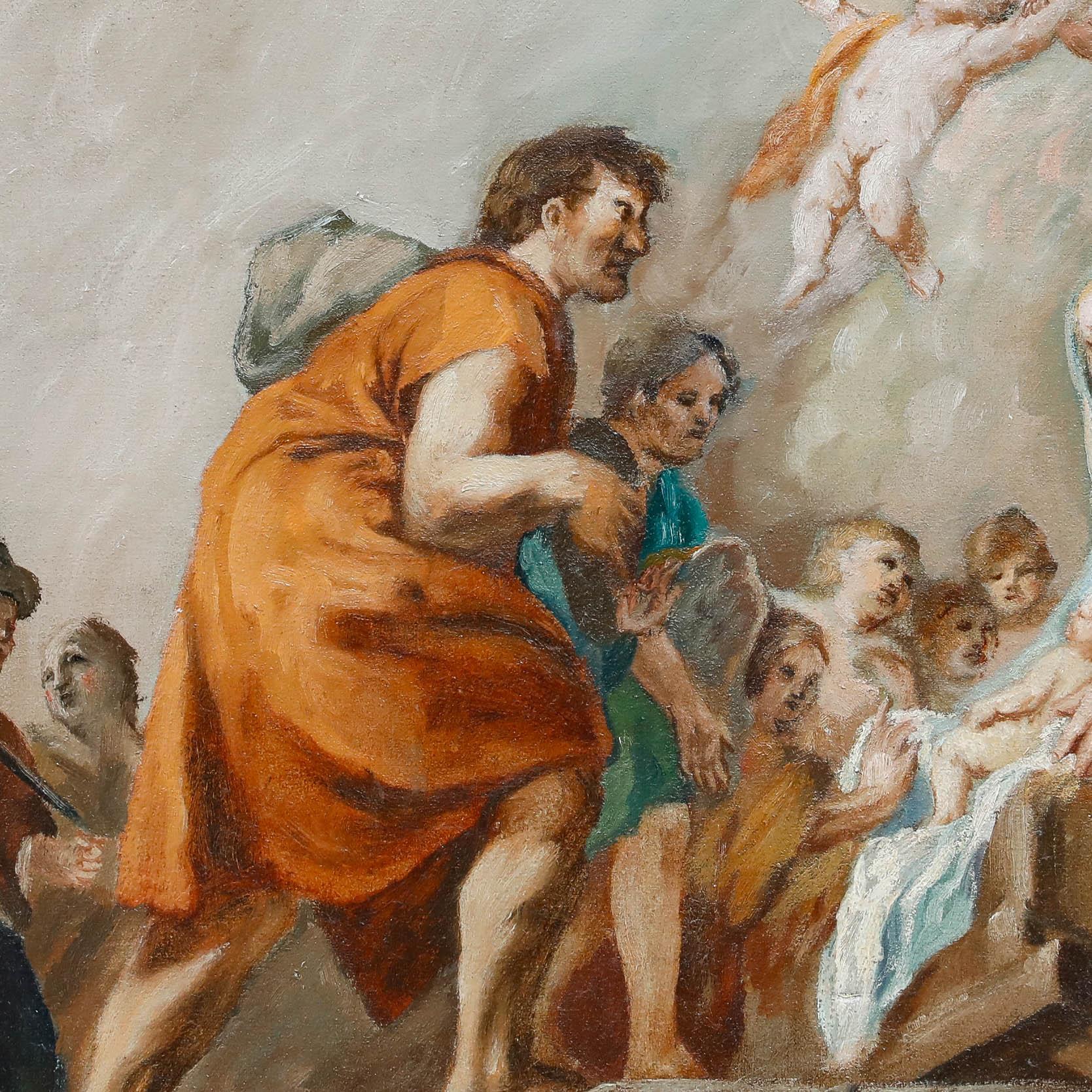 A striking religious scene depicting the Nativity. Mary, in the centre of the scene, places baby Jesus into a manger with angels watching in the cloudy sky overhead. Signed and dated. An oval composition with a gold outer edge. On canvas. 