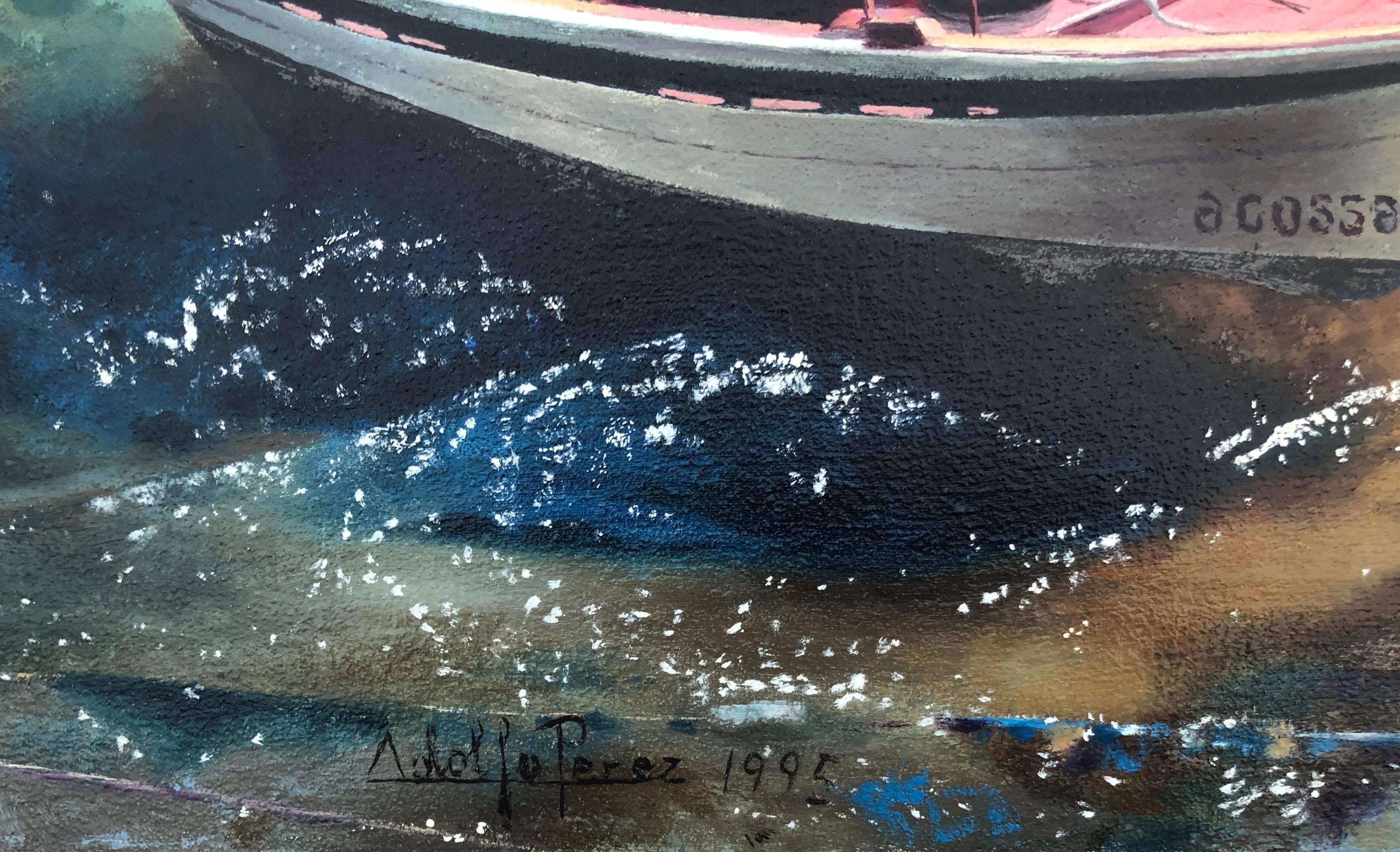 La Coruña Spagna olio su tela pittura paesaggio marino barche spiaggia - Painting di Unknown