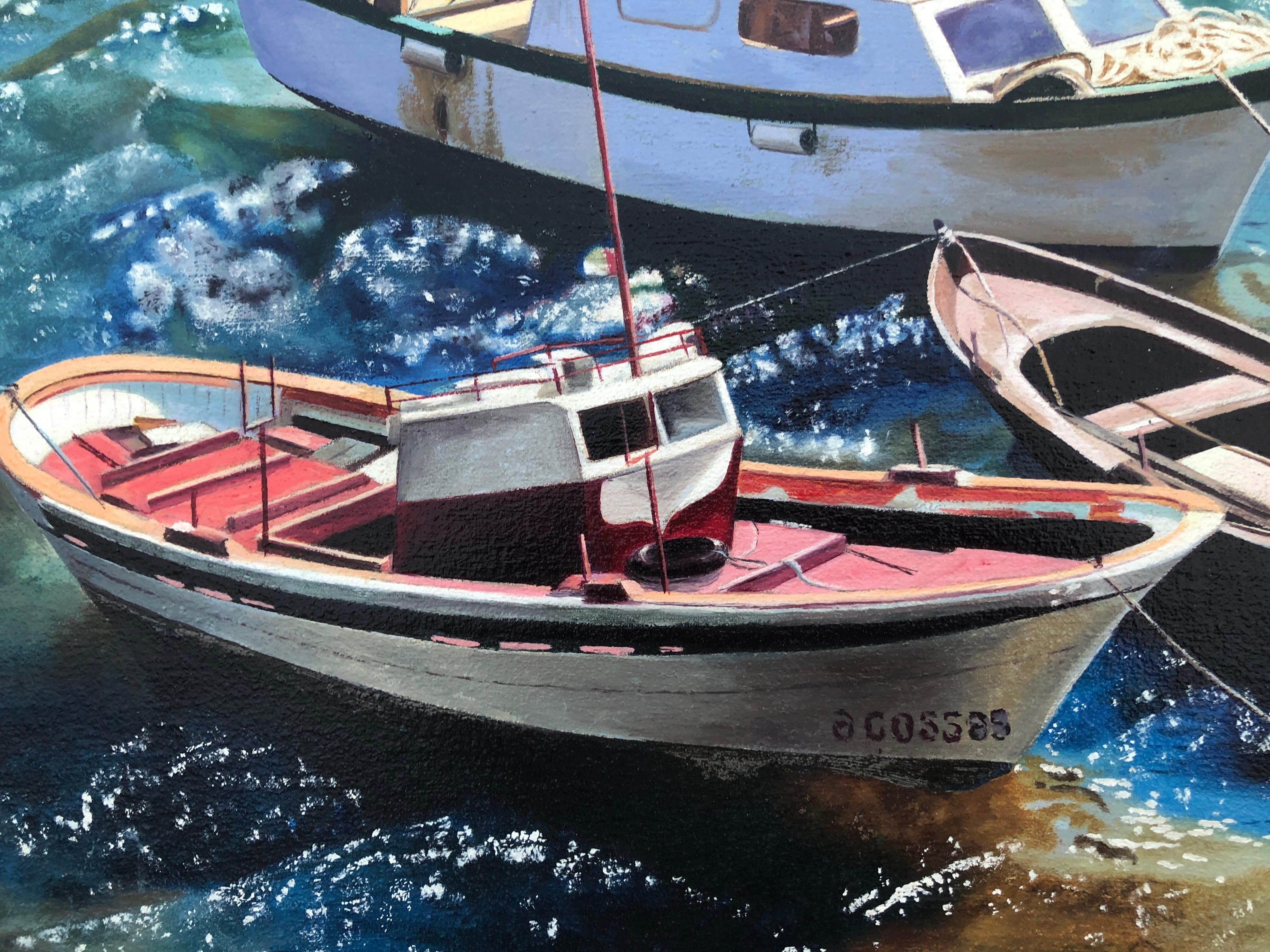 La Coruña Spagna olio su tela pittura paesaggio marino barche spiaggia - Painting Fotorealista di Unknown