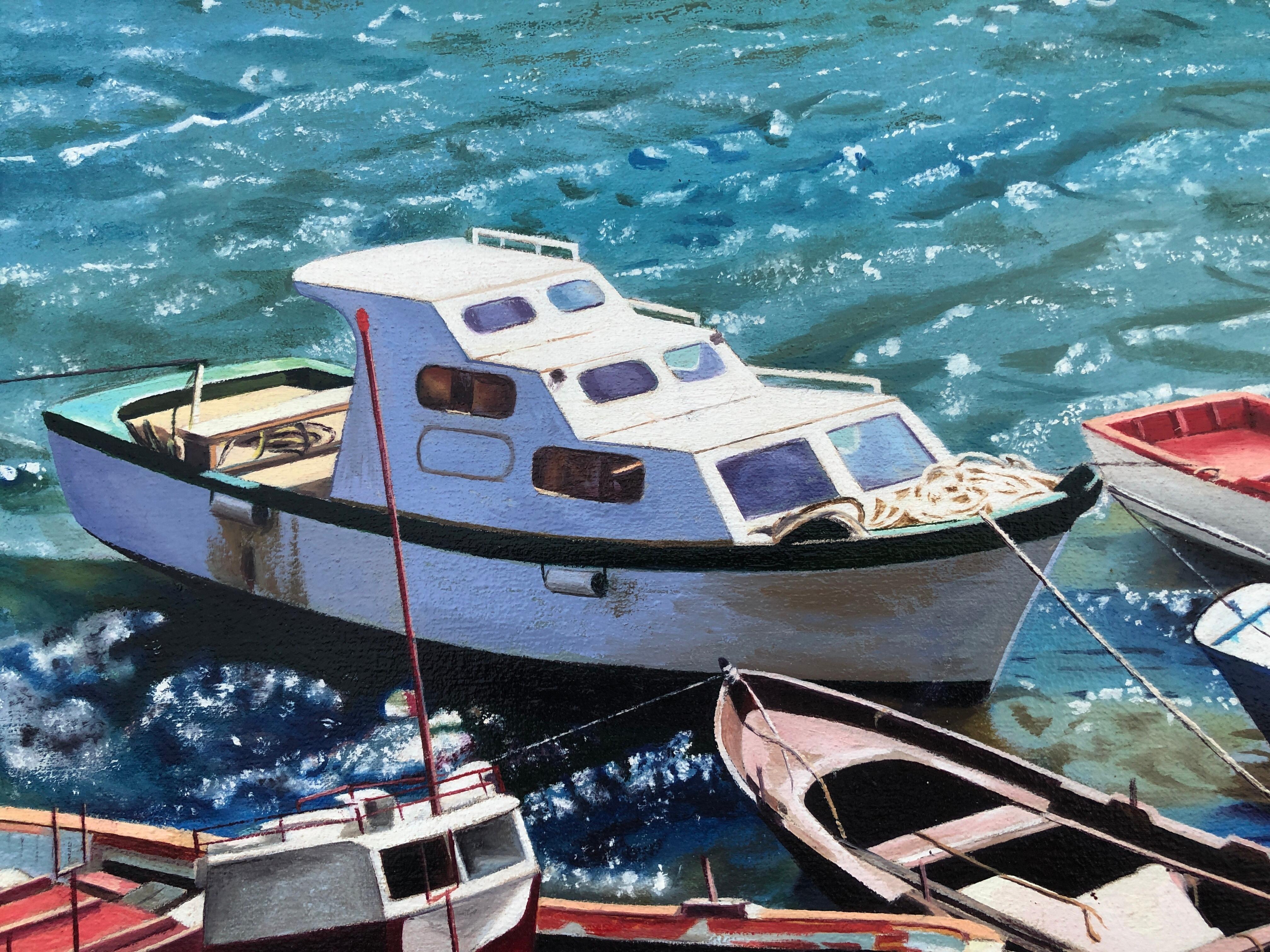 La Coruña Spagna olio su tela pittura paesaggio marino barche spiaggia - Landscape Painting Grigio di Unknown