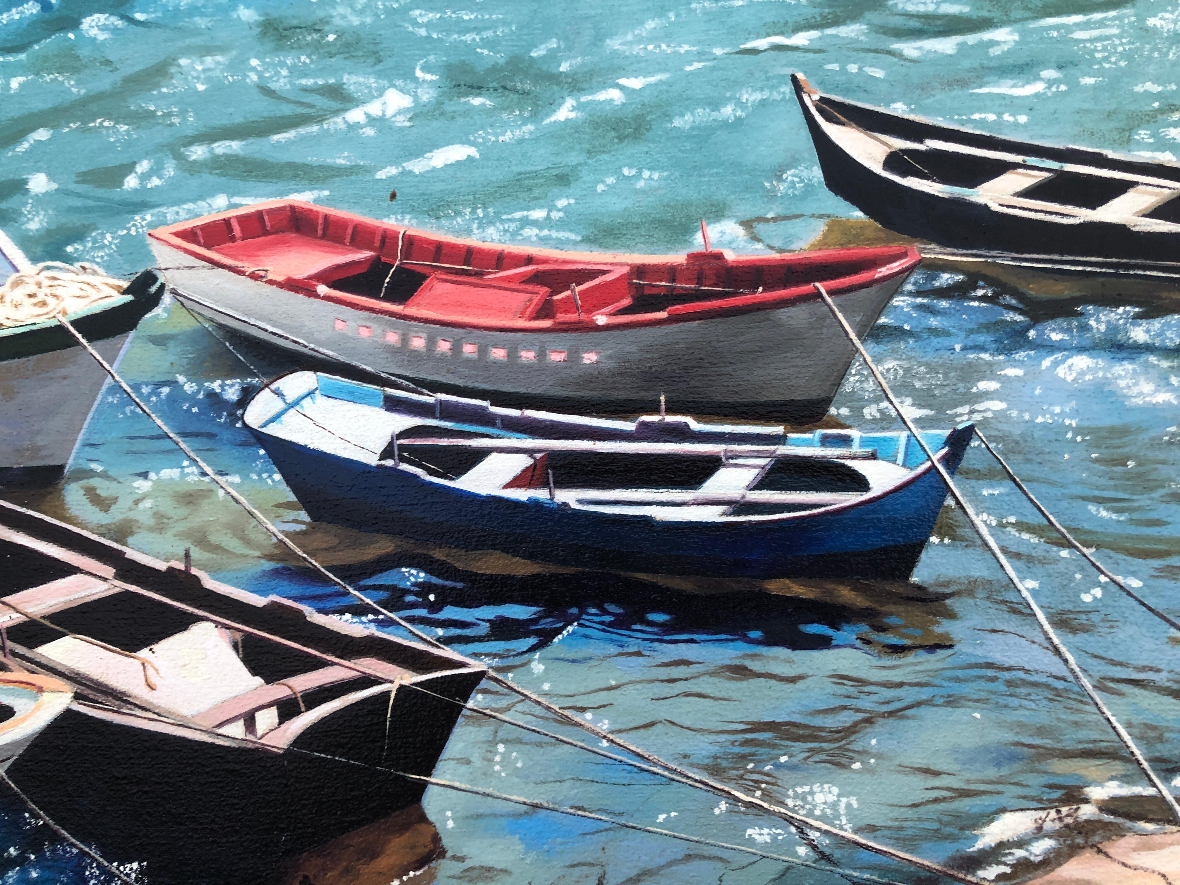 La Coruña Spagna olio su tela pittura paesaggio marino barche spiaggia 1