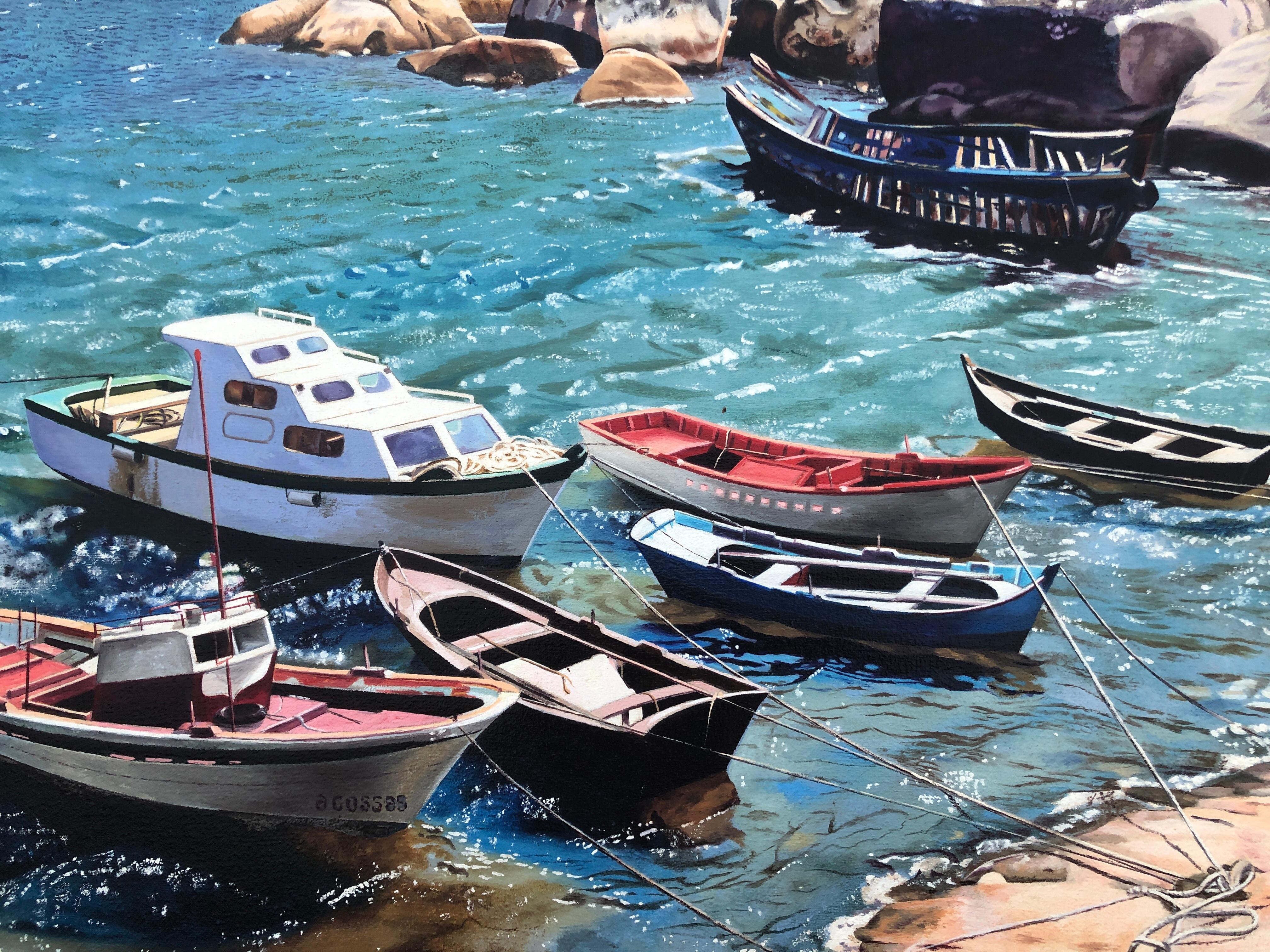 La Coruña Spagna olio su tela pittura paesaggio marino barche spiaggia 2