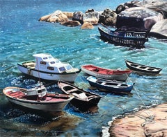 La Coruña Spain oil on canvas painting seascape boats beach