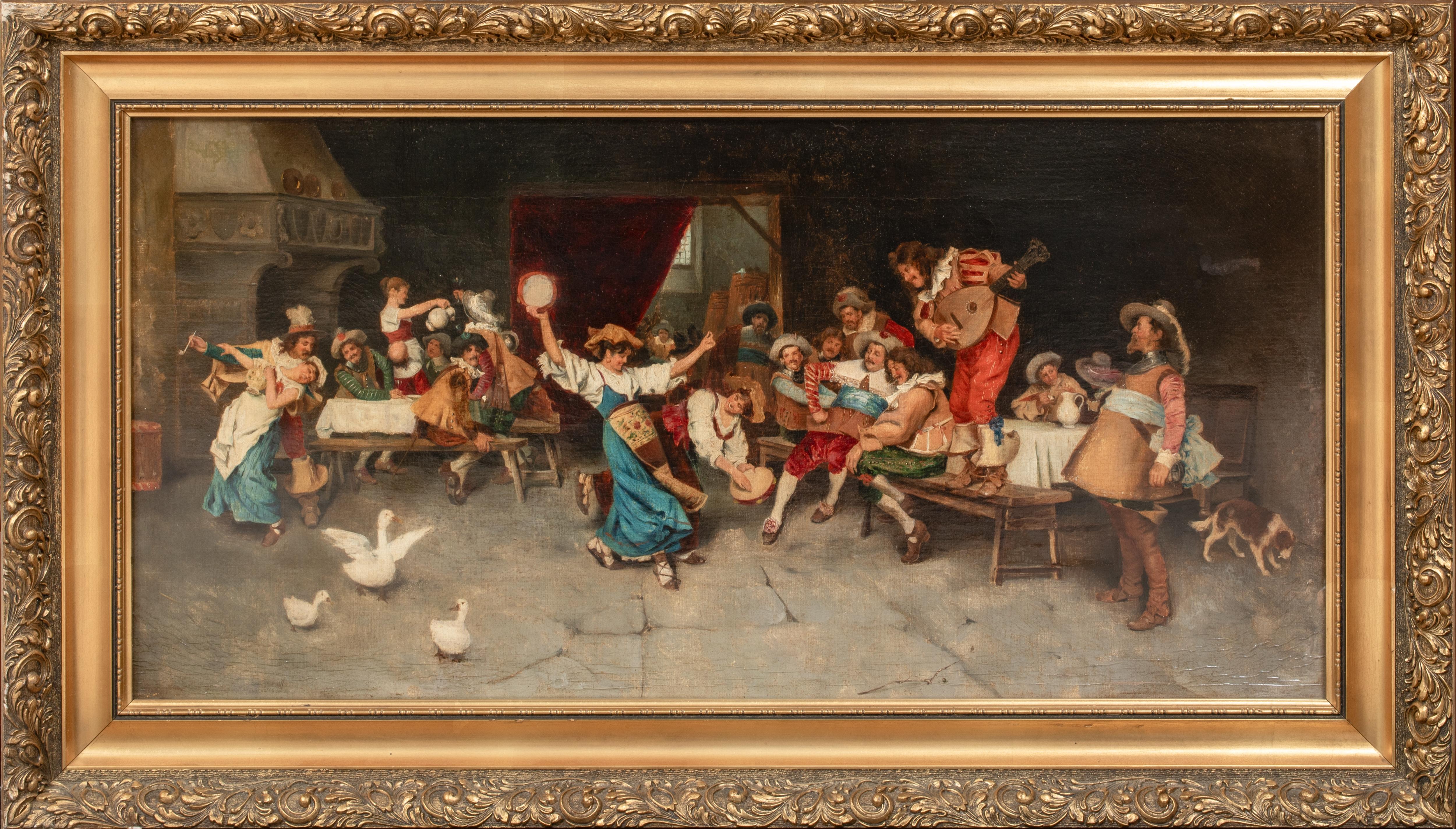 La Festa Da Ballo, 19th Century 

by Francesco VINEA (1845-1902) sales 

Large 19th Century Italian scene of a dancing party in a tavern, oil on canvas by Francisco Vines. Excellent quality and condition panorama of the celebration in a tavern hall