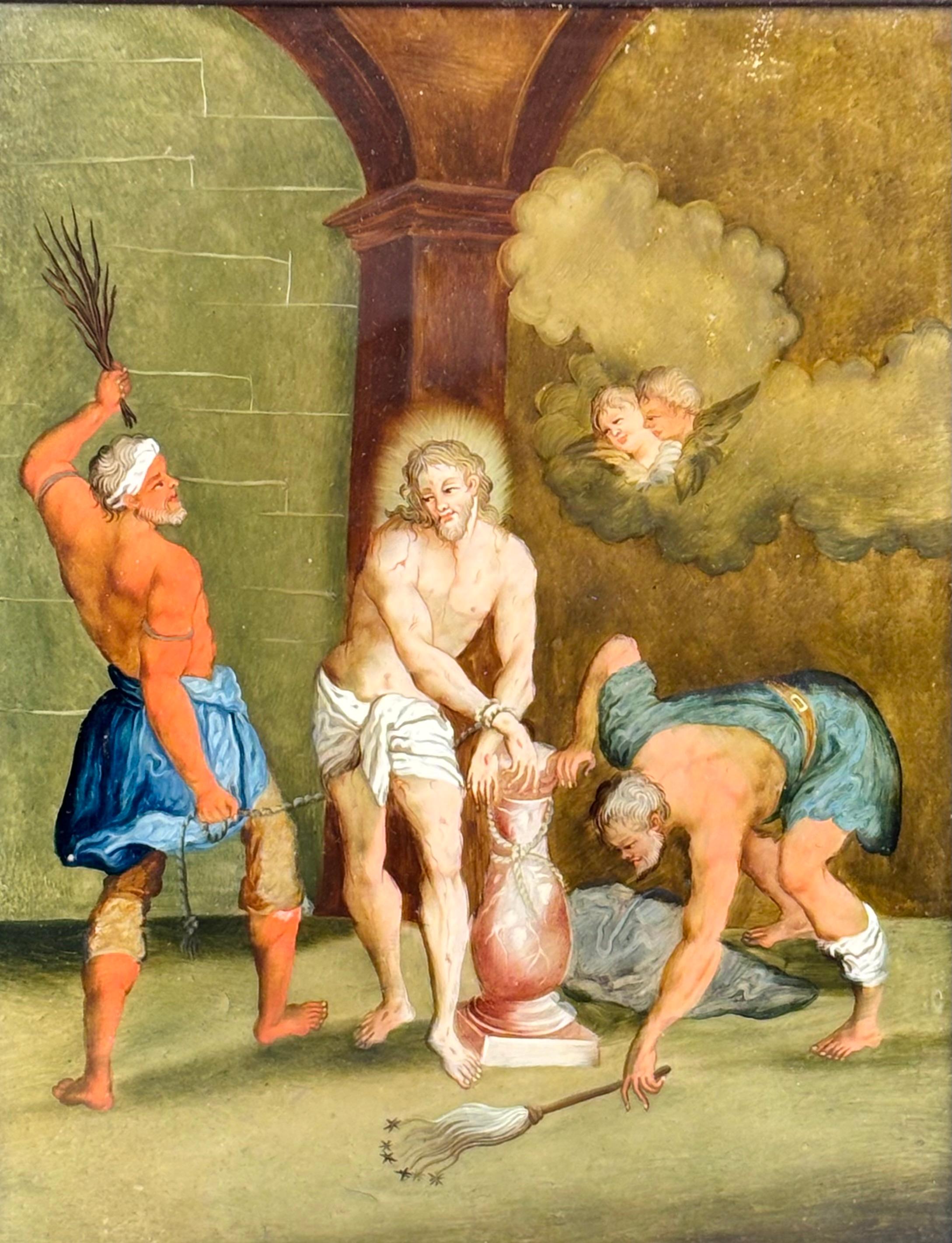 LA FLAGELACIÓN DE CRISTO - OLEO SOBRE VIDRIO - ESCUELA AUGSBURGO - SIGLO XVIII