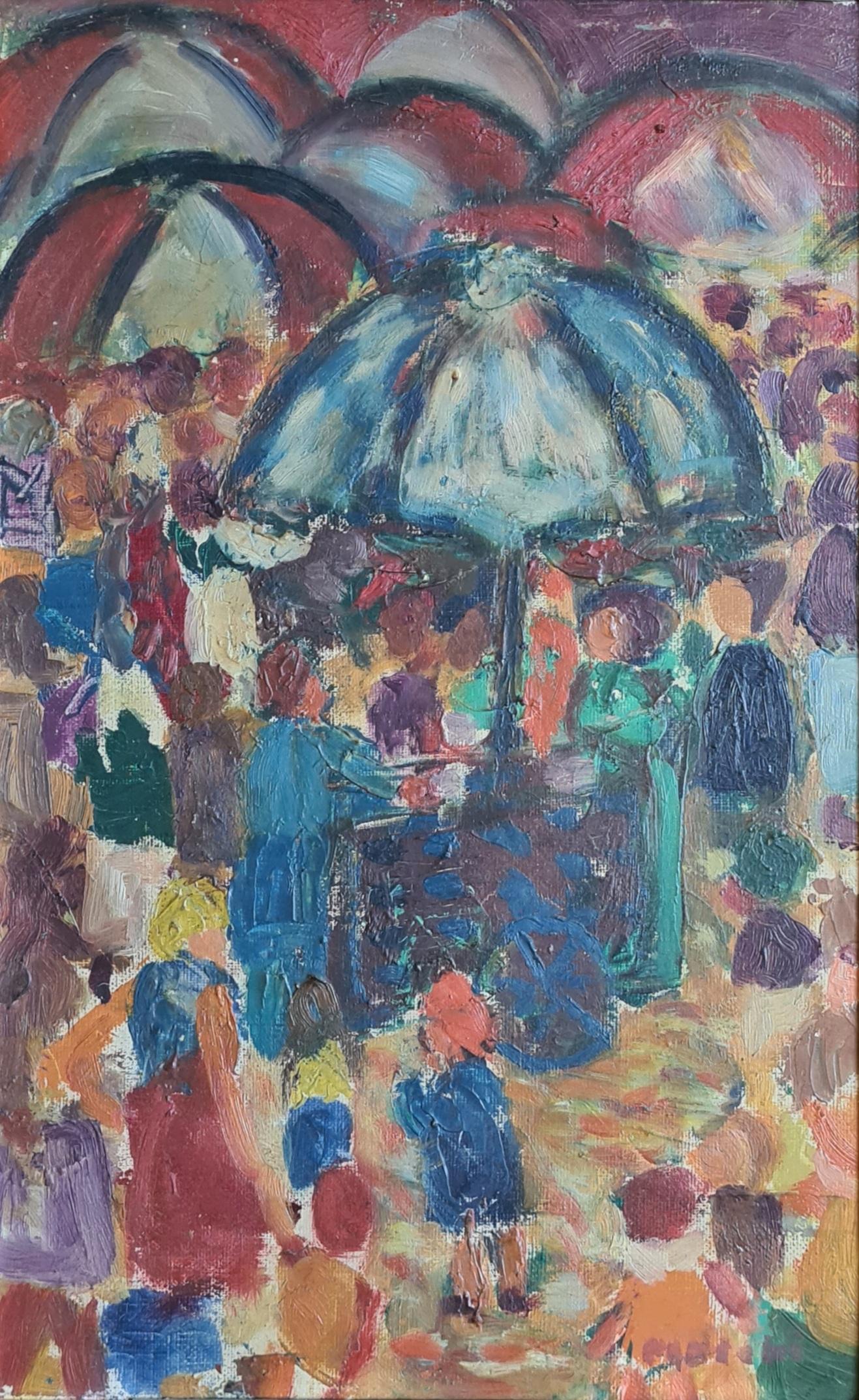 La Place du Marché, Fauvist View of a Colourful French Market. Oil on Canvas. 8
