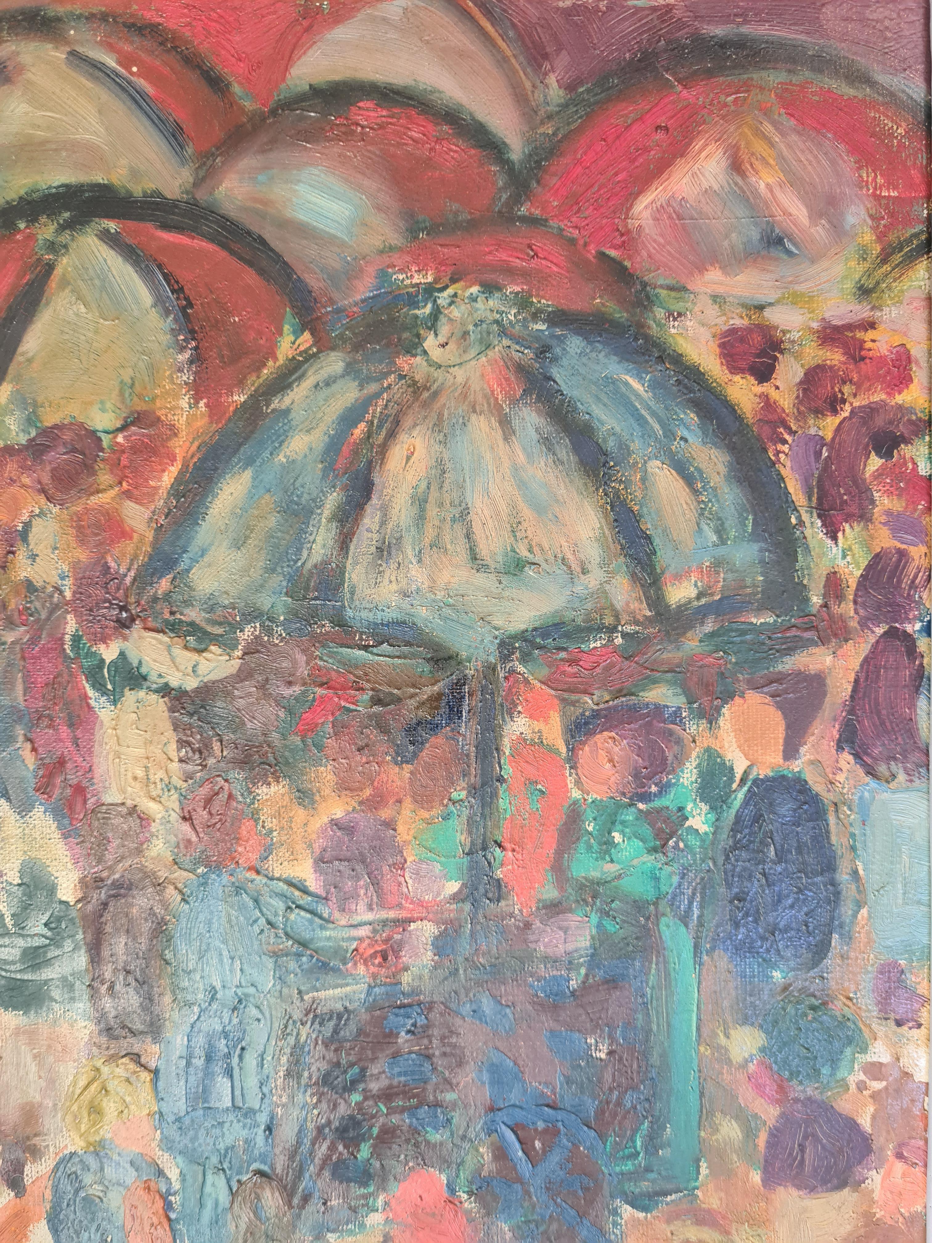 La Place du Marché, Fauvist View of a Colourful French Market. Oil on Canvas. 10