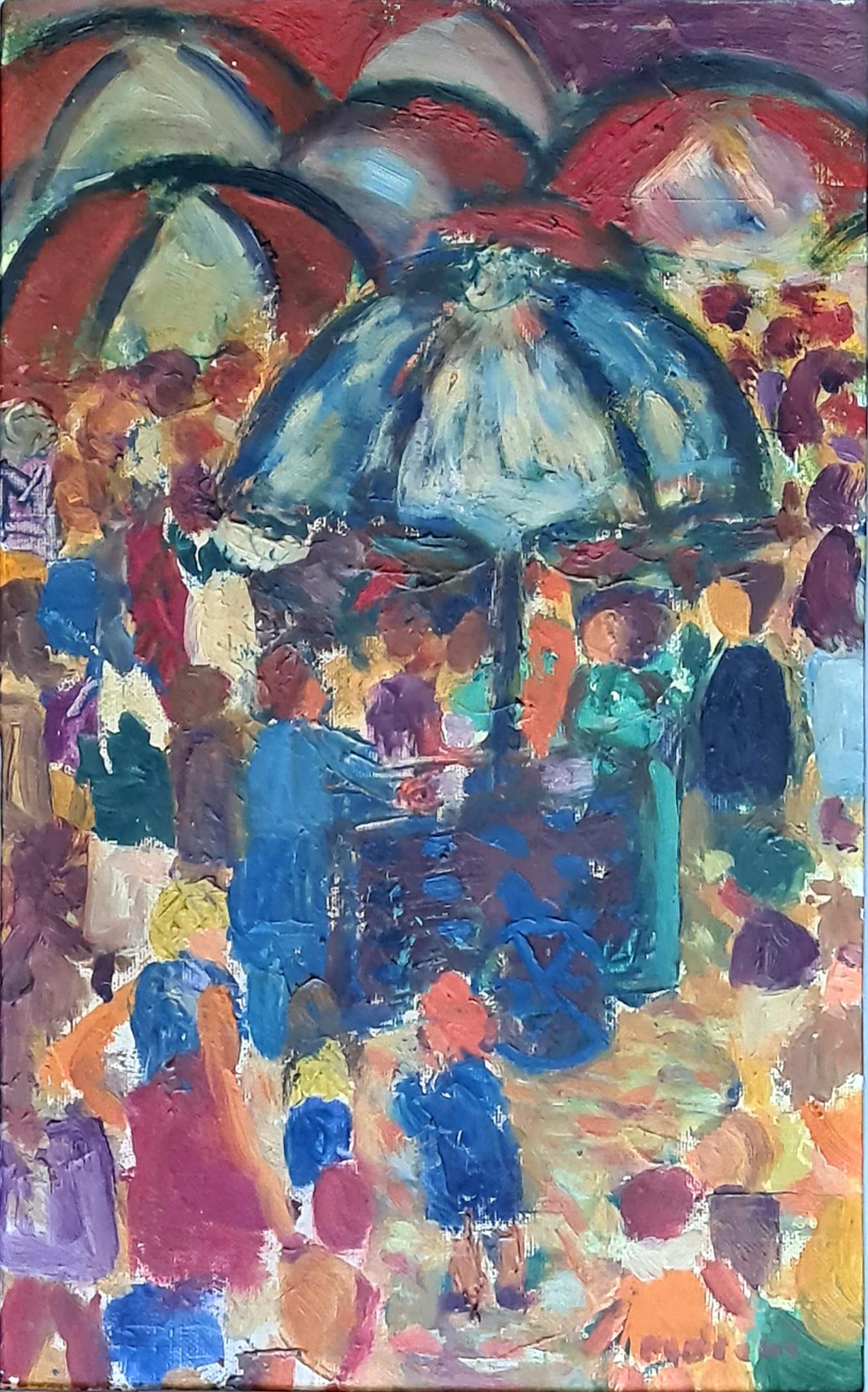 La Place du Marché, Fauvist View of a Colourful French Market. Oil on Canvas. - Painting by Unknown