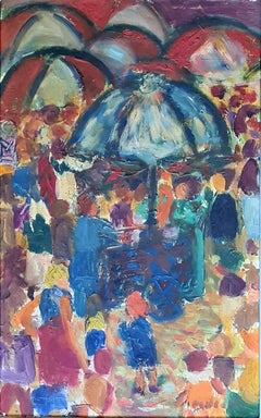 La Place du Marché, Fauvist View of a Colourful French Market. Oil on Canvas.