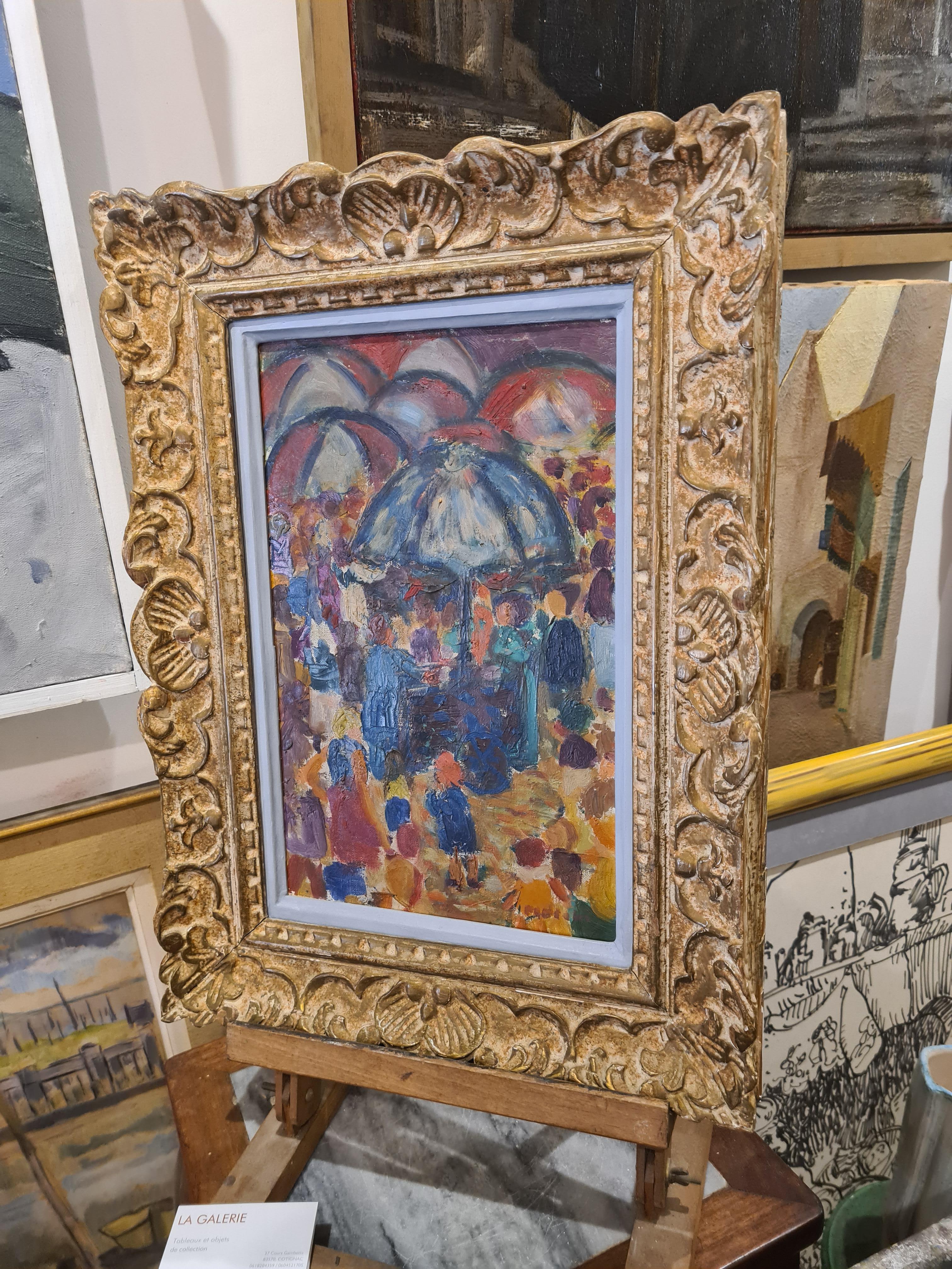 Early 20th Century Fauvist oil on canvas of a market, signed bottom right but signature as yet undeciphered. The work is on a very fine stretcher with 'keys'. There is a trade label on the top rear stretcher and a branded mark for 'official painter