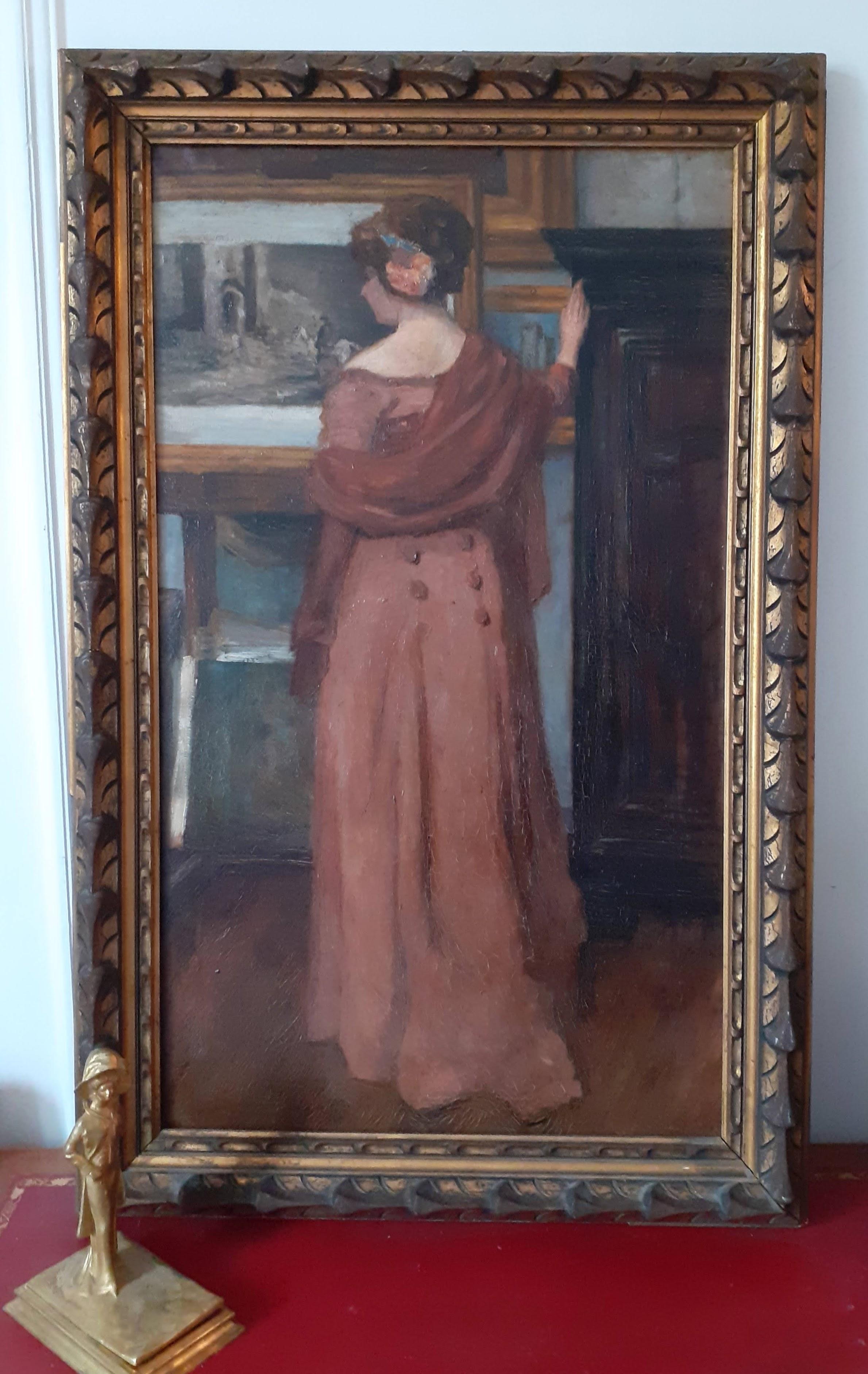 Lady at the artist's studio: large Art Nouveau 1900s French oil painting  - French School Painting by Unknown