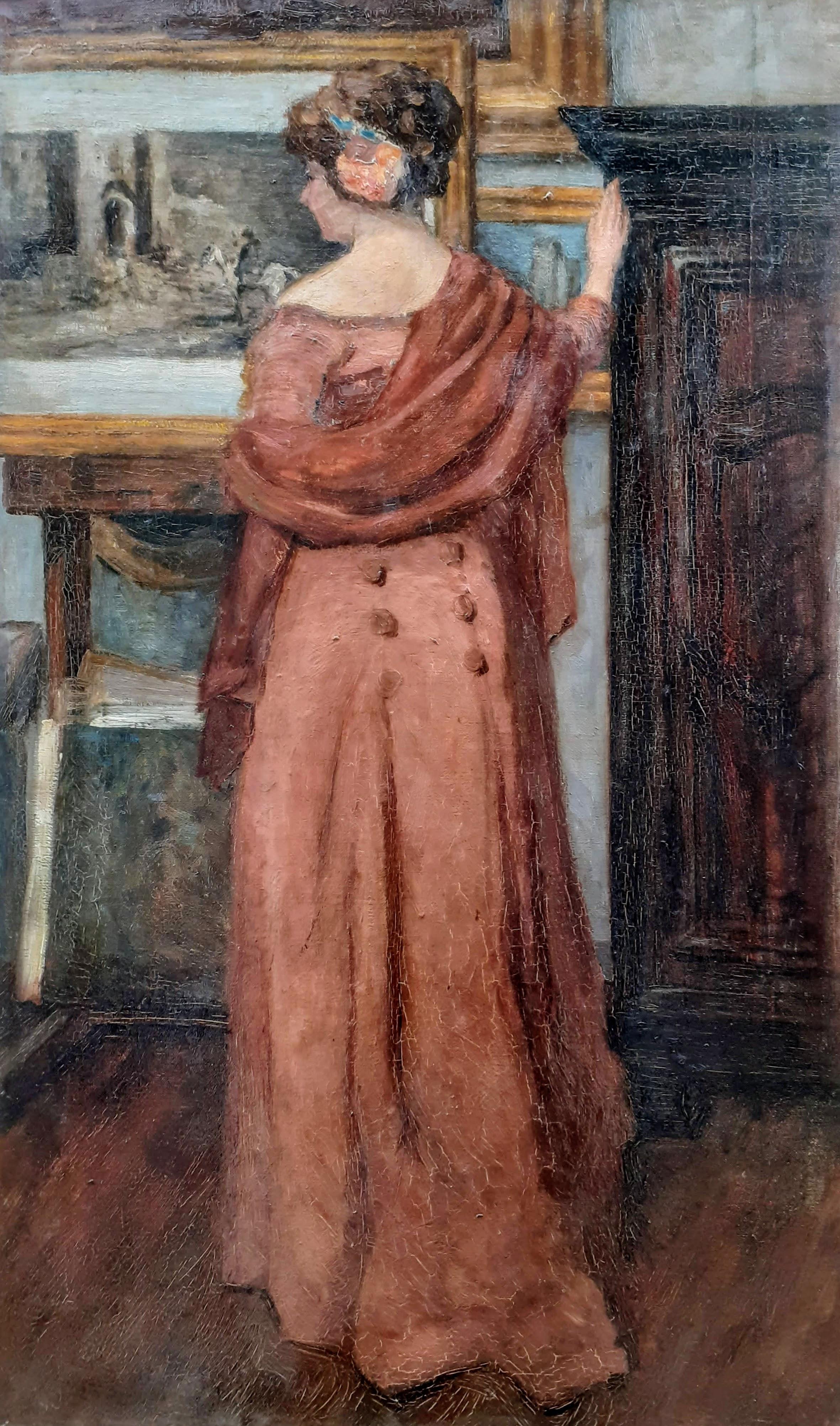 Lady at the artist's studio: large Art Nouveau 1900s French oil painting  - Painting by Unknown