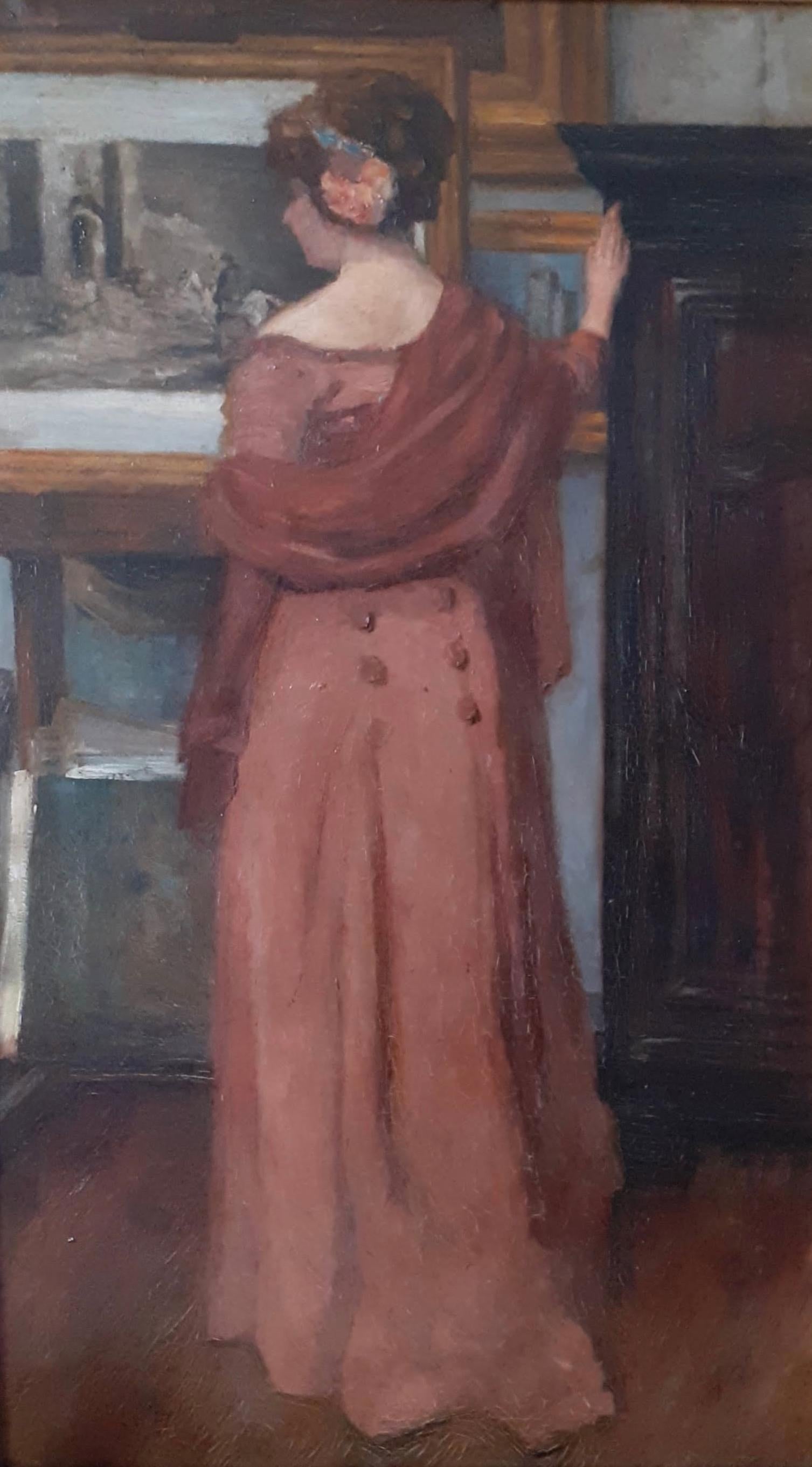Unknown Figurative Painting - Lady at the artist's studio: large Art Nouveau 1900s French oil painting 