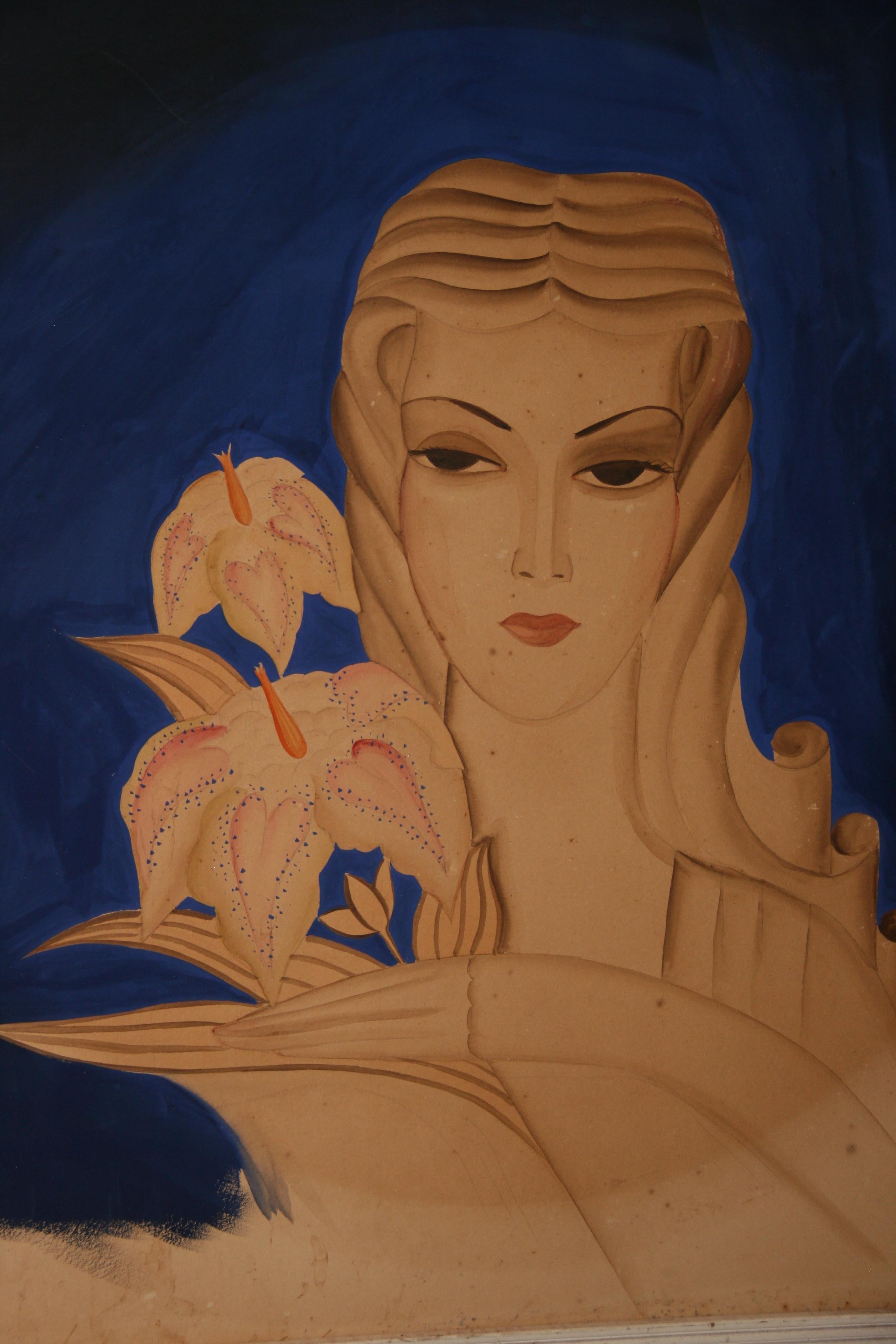 Lady In Blue, weibliches Art déco-Gemälde (Schwarz), Figurative Painting, von Unknown