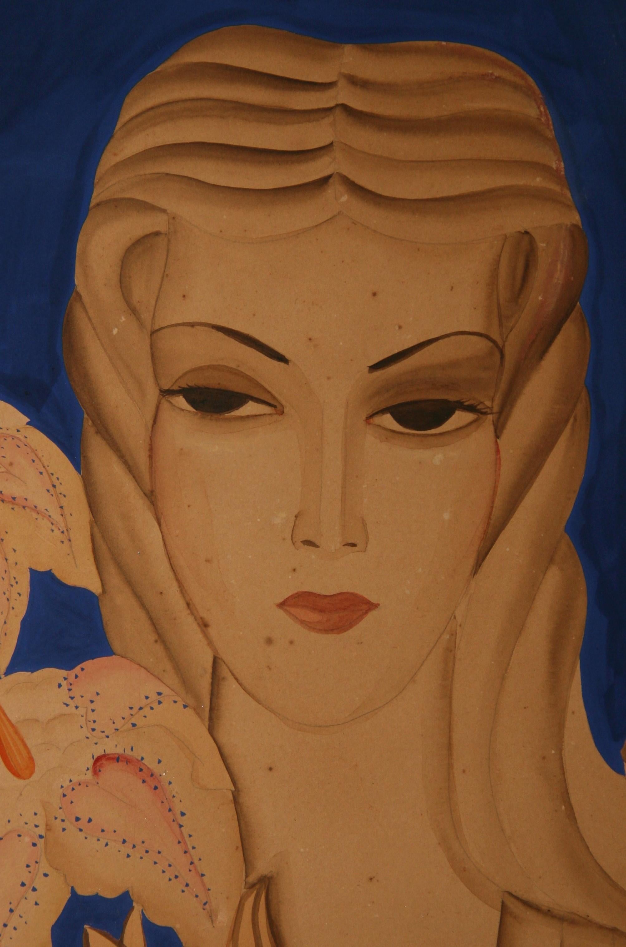 Lady In Blue Art Deco Female Painting For Sale 1