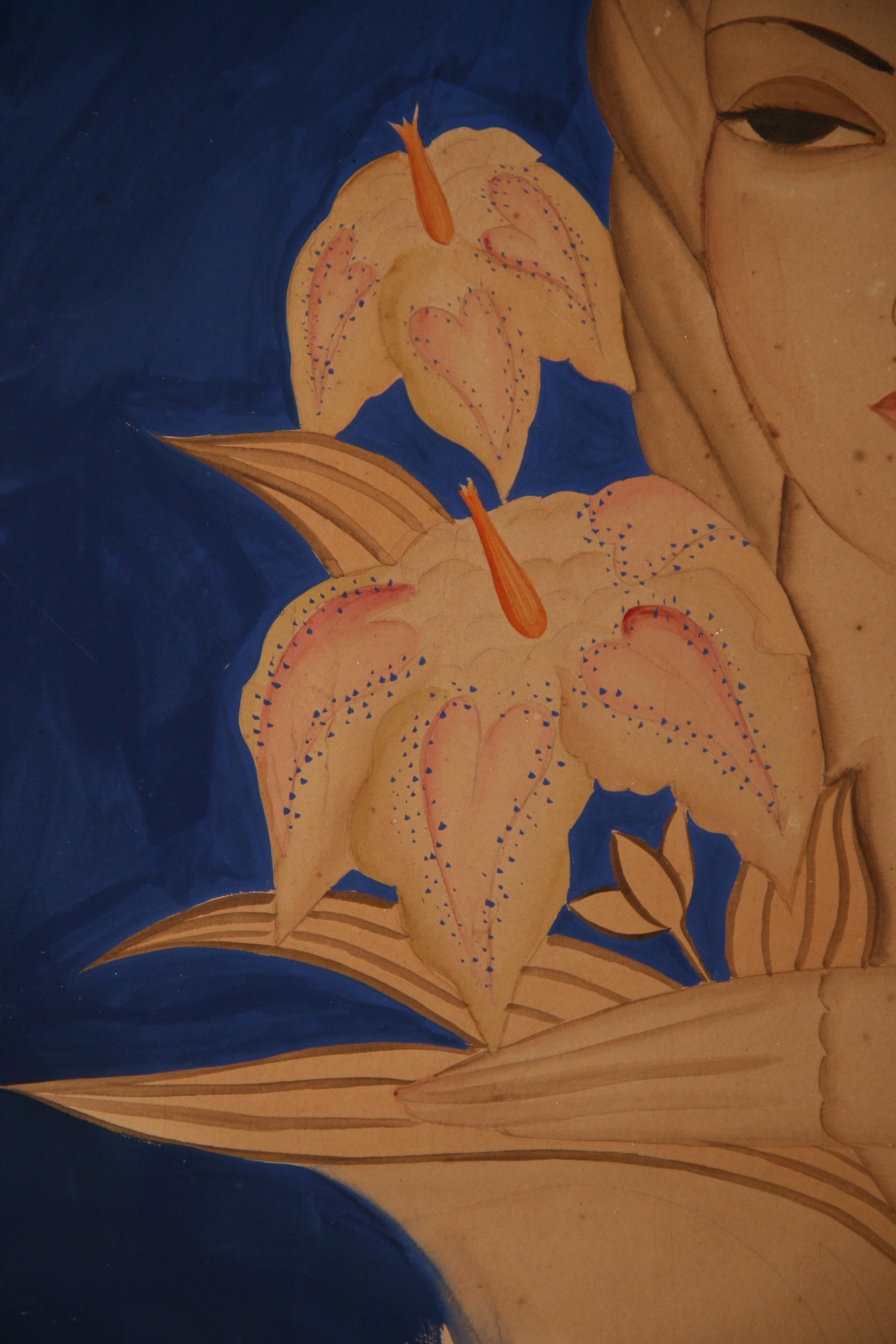 Lady In Blue, weibliches Art déco-Gemälde im Angebot 1