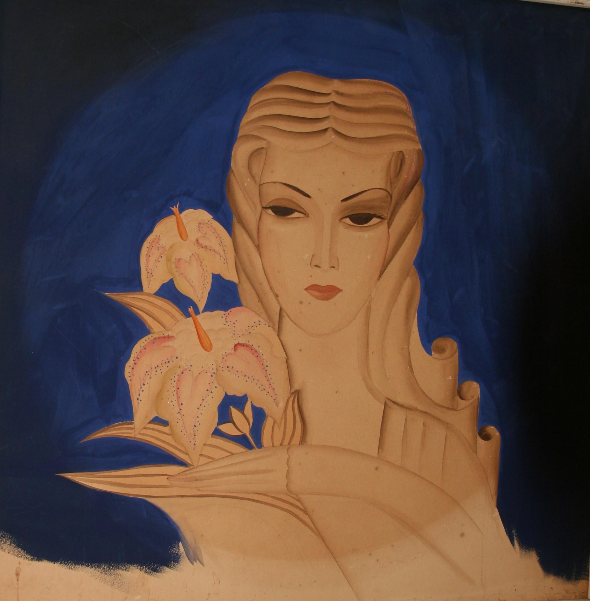 Unknown Figurative Painting - Lady In Blue Art Deco Female Painting